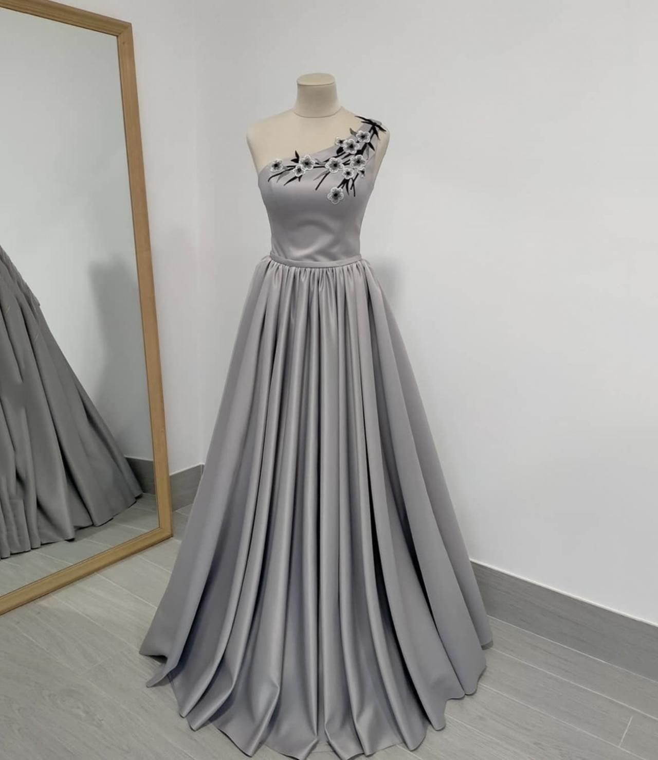 Gray Satin Long Prom Dress One Shoulder Evening Dress
