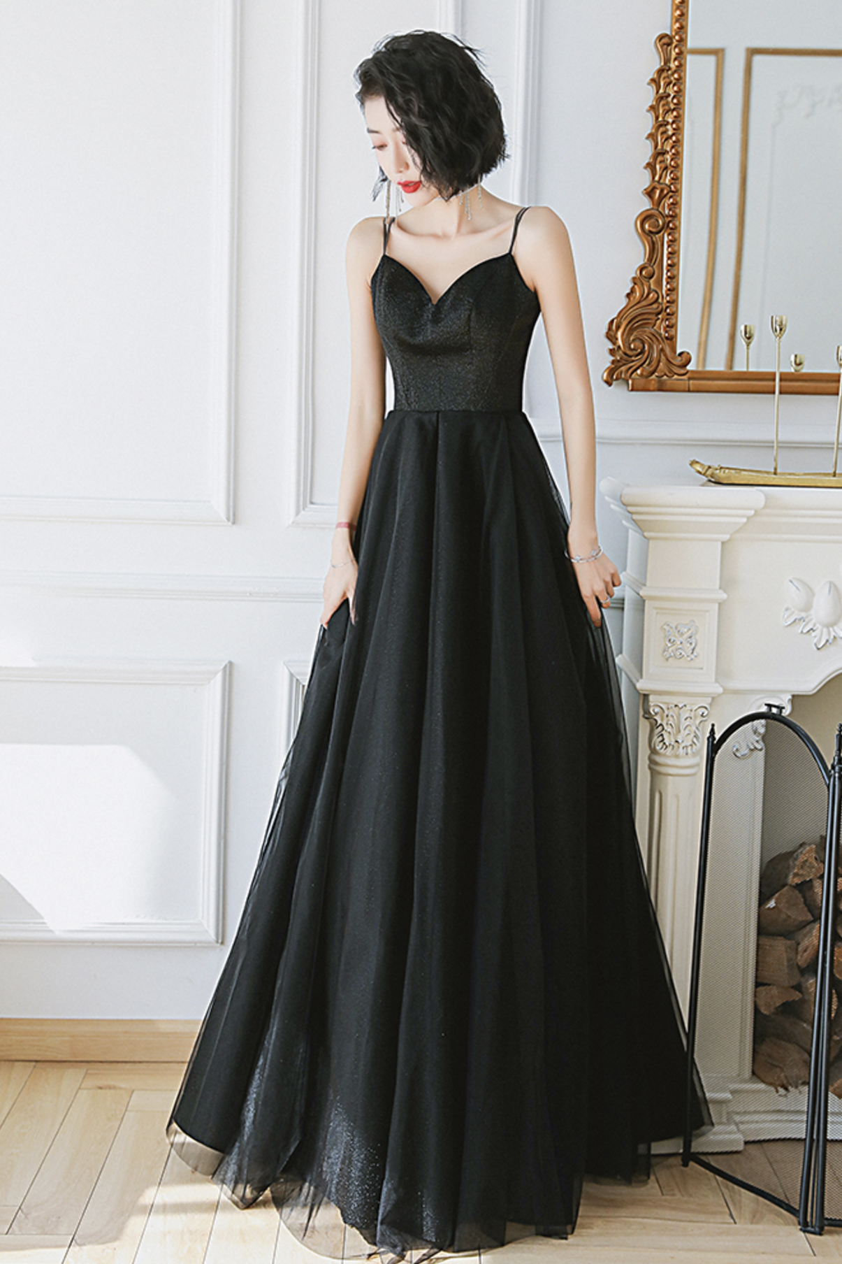 Black Elegant Tulle A-Line Backless Floor Length Prom Dress Formal Party Dress,DP1343