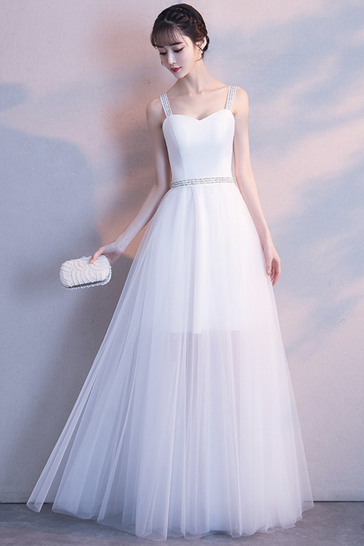 White Tulle Long A Line Prom Dress White Evening Dress