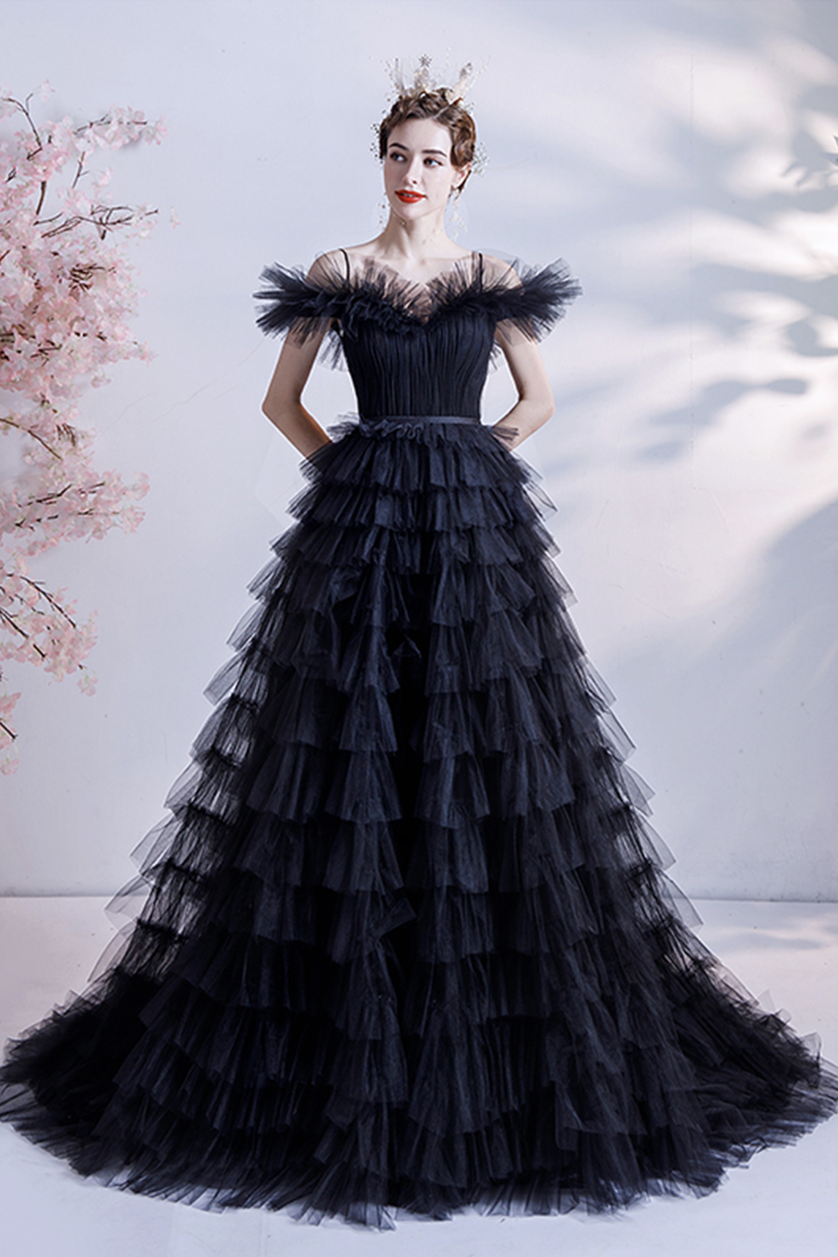 Black Tulle A-line Long Evening Prom Dresses, Long Sleeves Prom Dress, MR8880