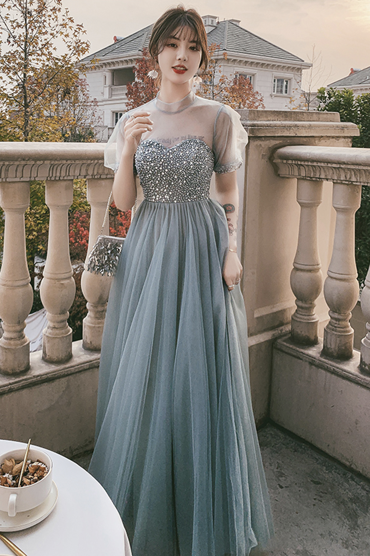 Dream Blue Tulle Beaded A Line Prom Dress Long Evening Dress Y8691