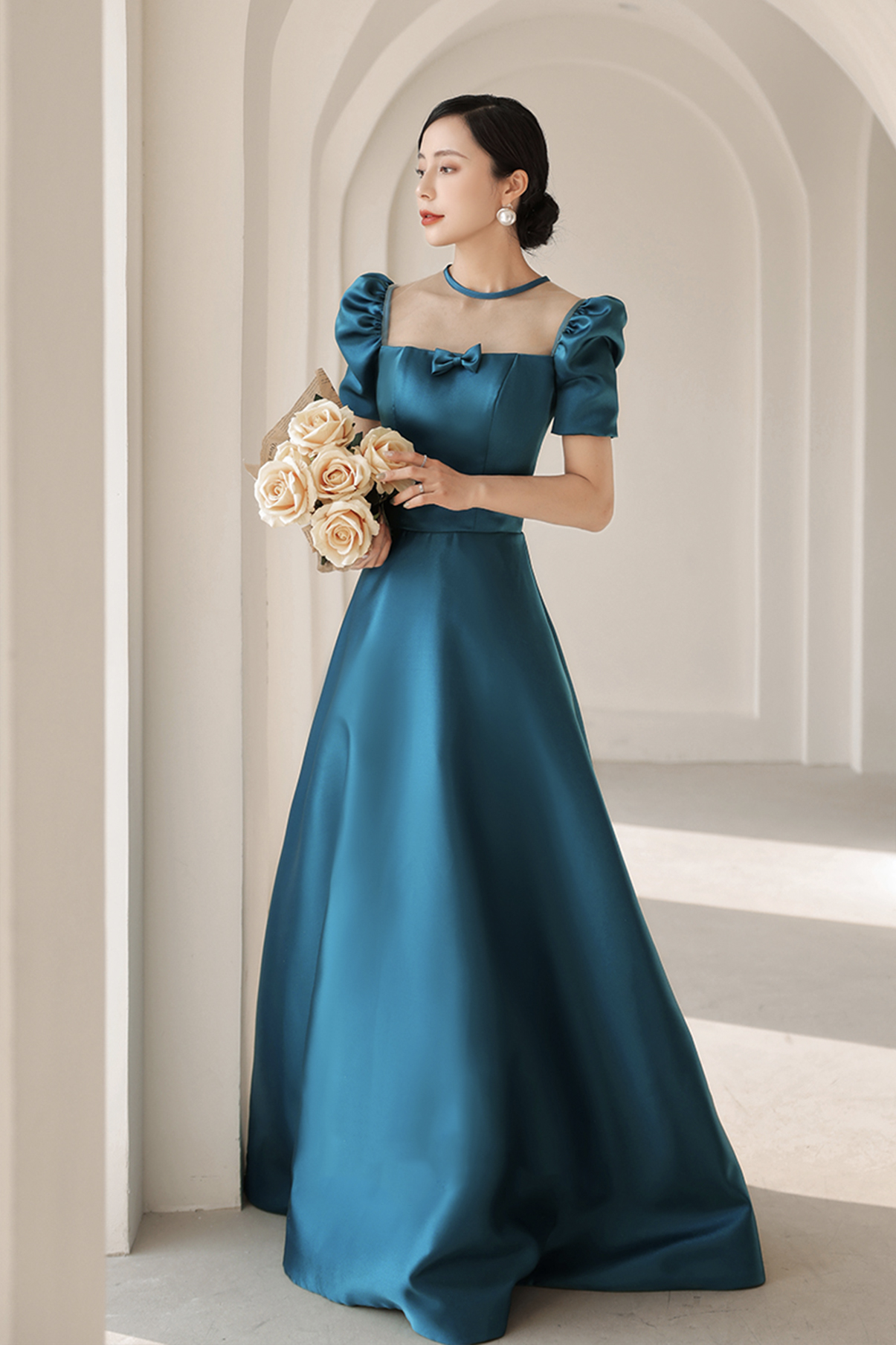 A-Line Square Neckline Satin Blue Long Prom Dress, Blue Formal Evening Dress
