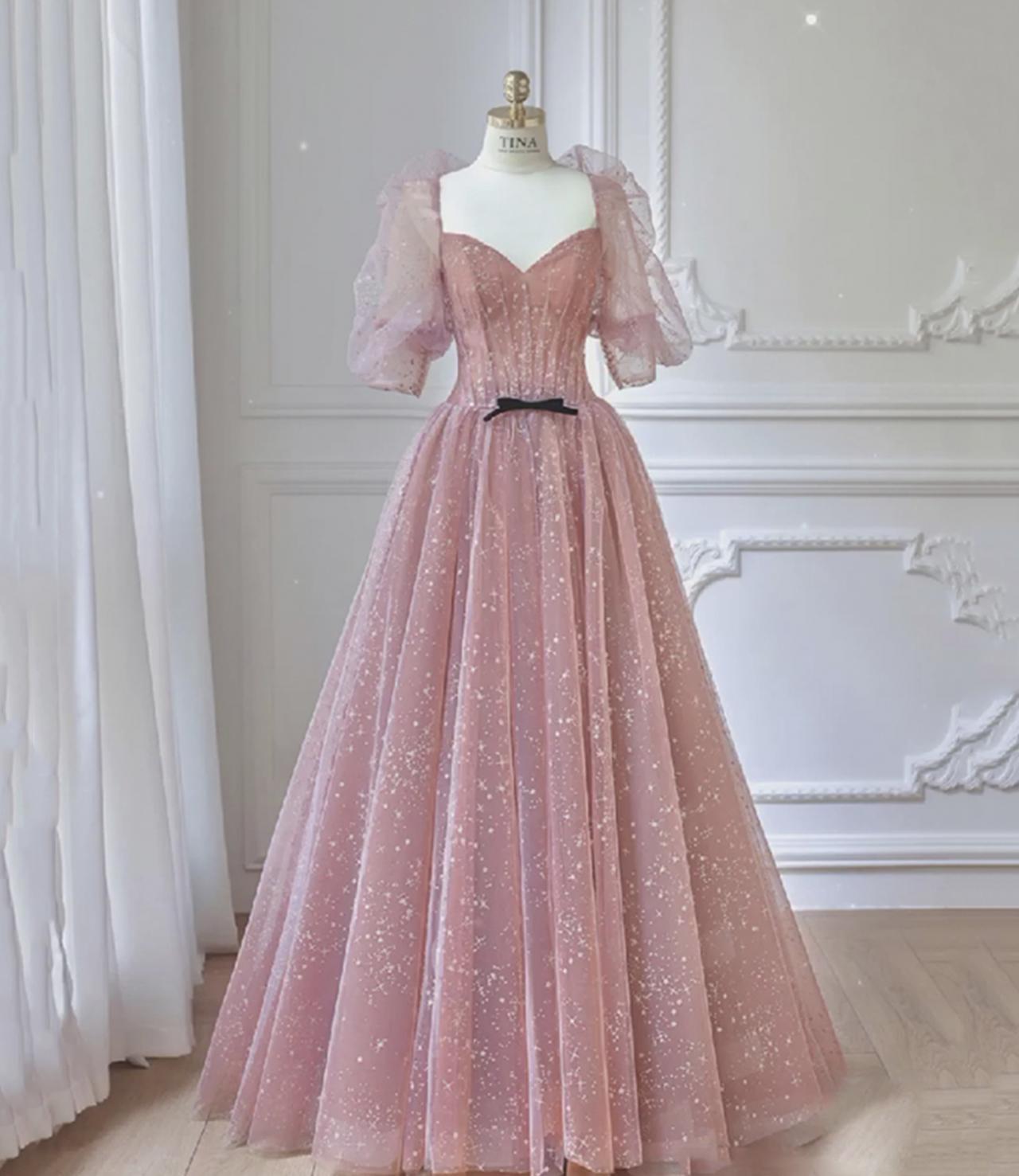 Pink Tulle Lace Long Ball Gown Dress Formal Dress