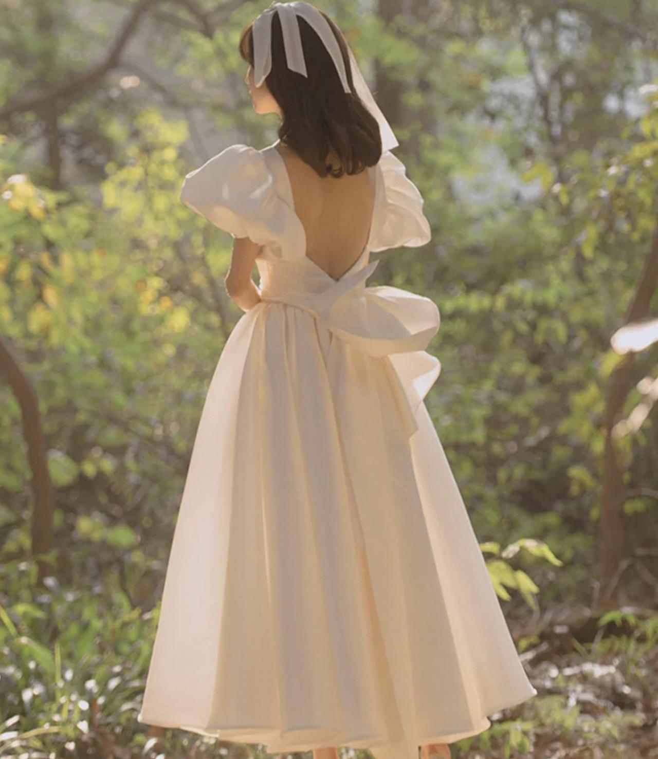 White Satin Short A Line Prom Dress White Evening Dress