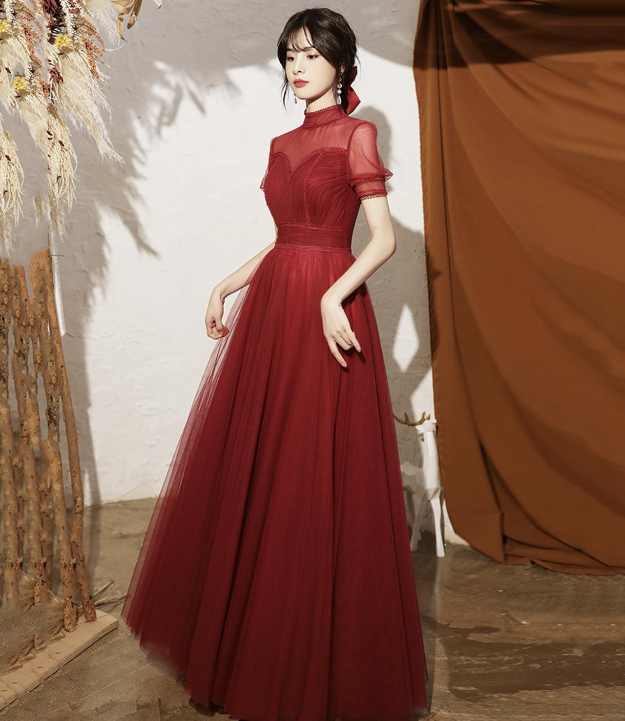 burgundy tulle maxi dress Azazie 2026 Corset Lace Up A-Line Prom Dress Burgundy Gown
