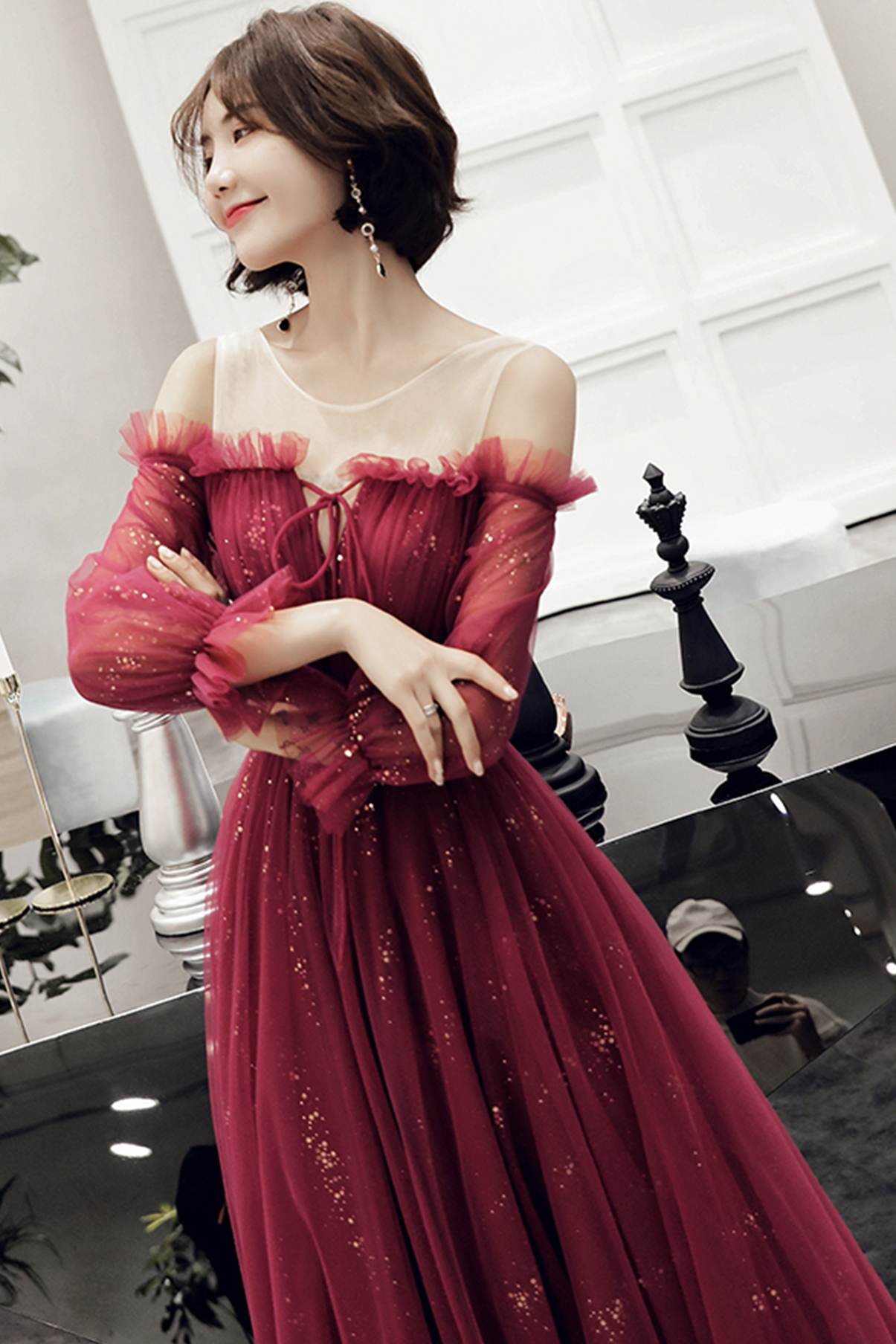 Burgundy tulle long prom dress A line evening gown