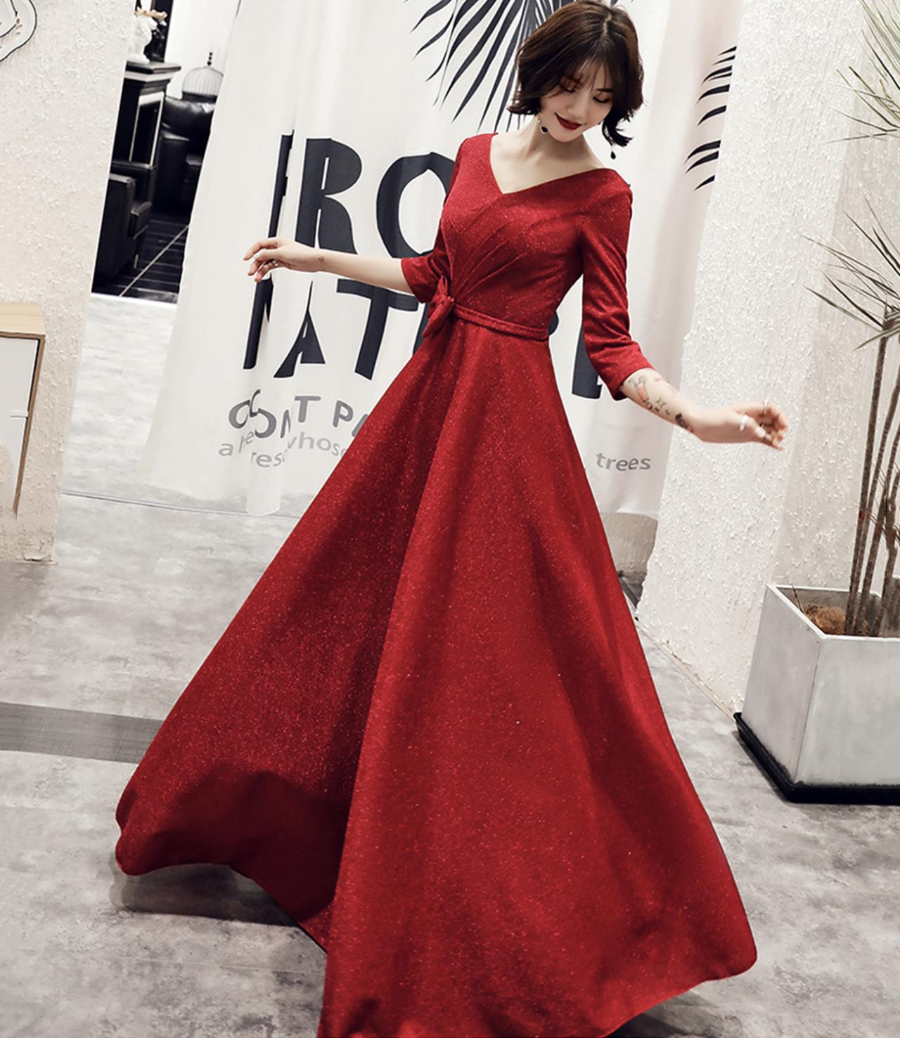 Burgundy V Neck Long A Line Prom Dress Evening Dress on Luulla