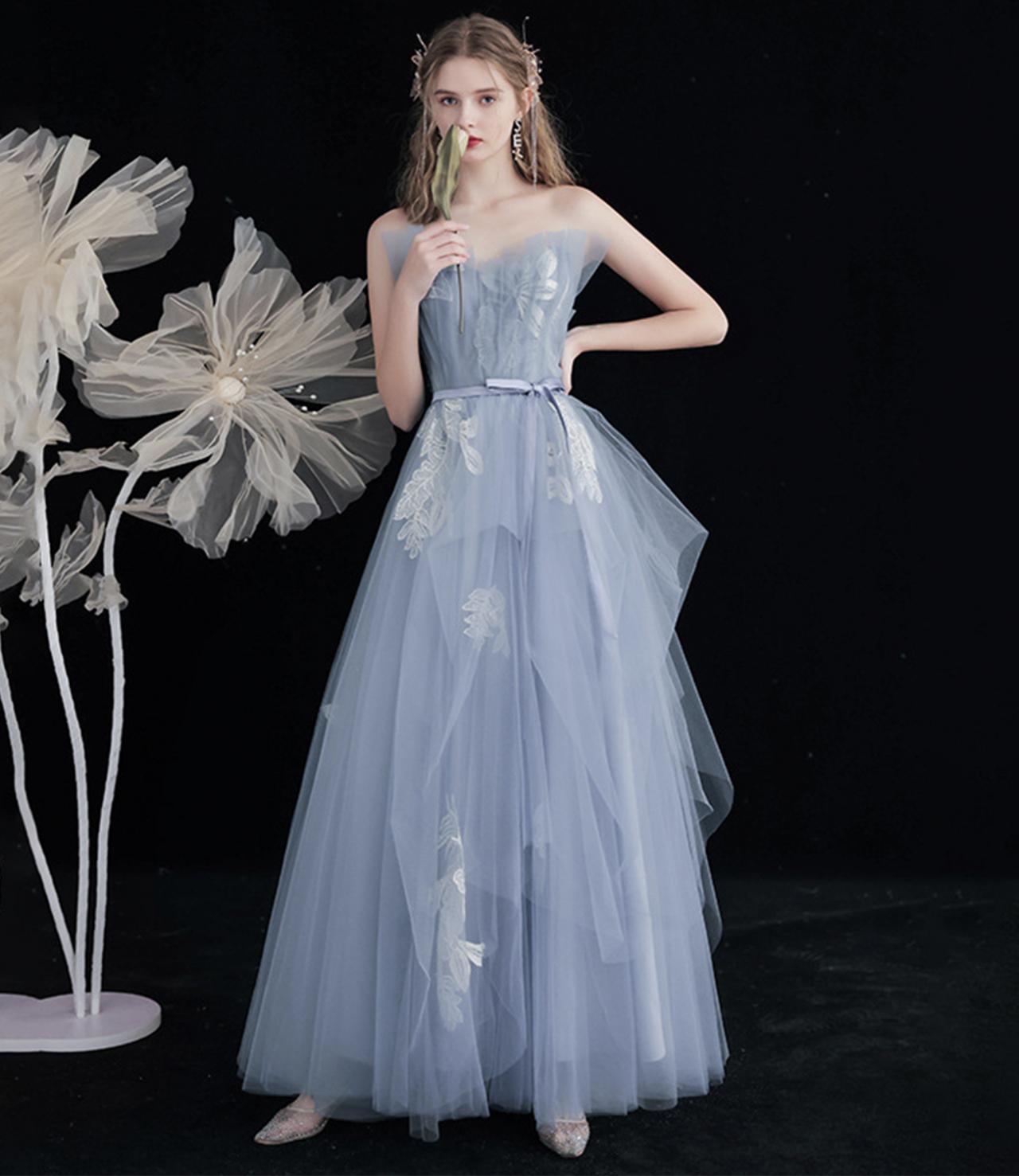 Blue Tulle Lace Long A Line Prom Dress Blue Evening Dress