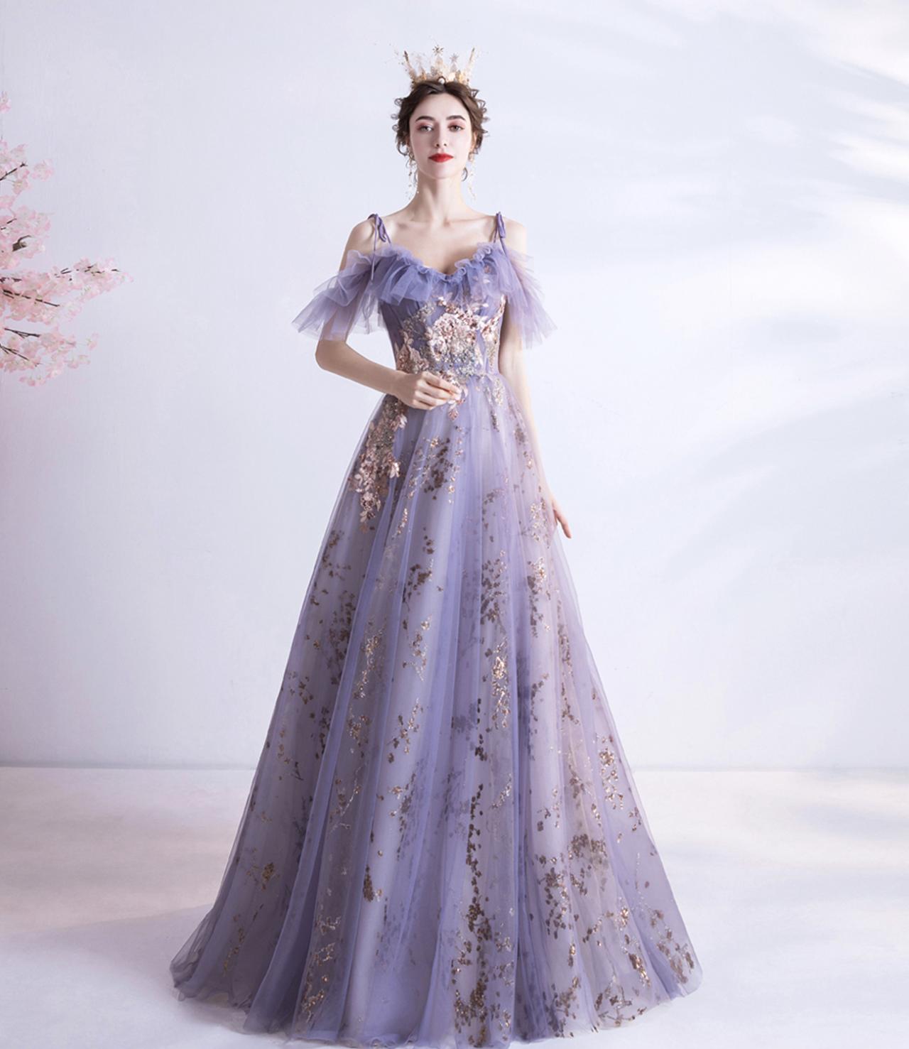 Purple Tulle Sequins Long A Line Prom Dress Evening Dress