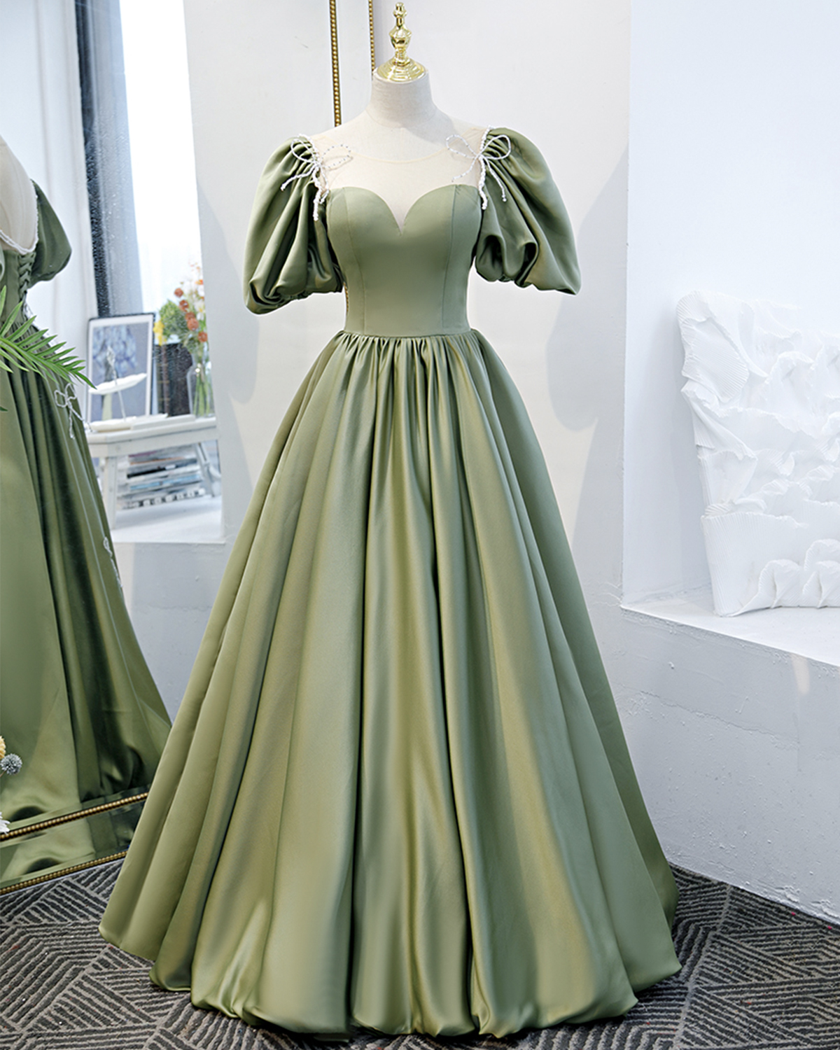 Green Satin Long A Line Prom Dress Evening Dress