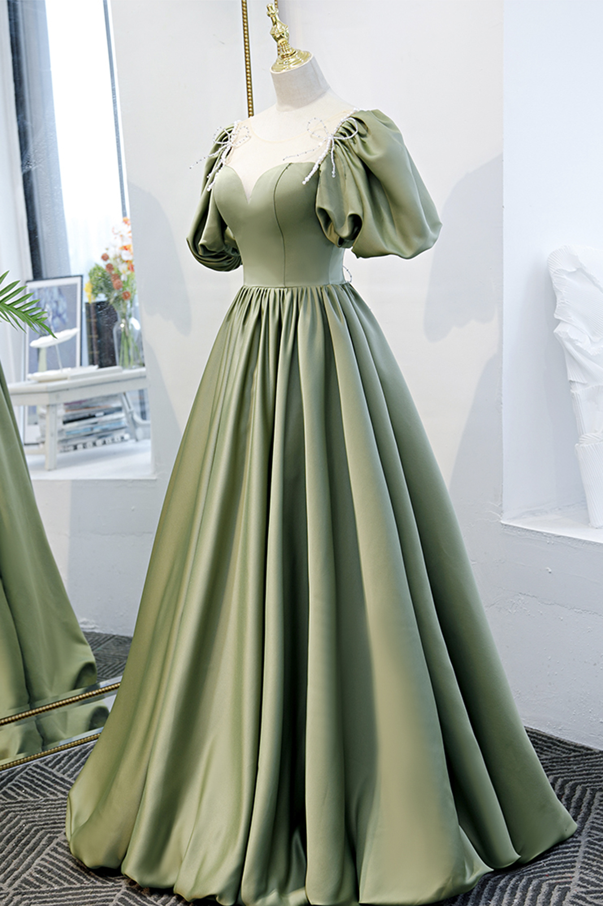 Green Satin Long A Line Prom Dress Evening Dress on Luulla