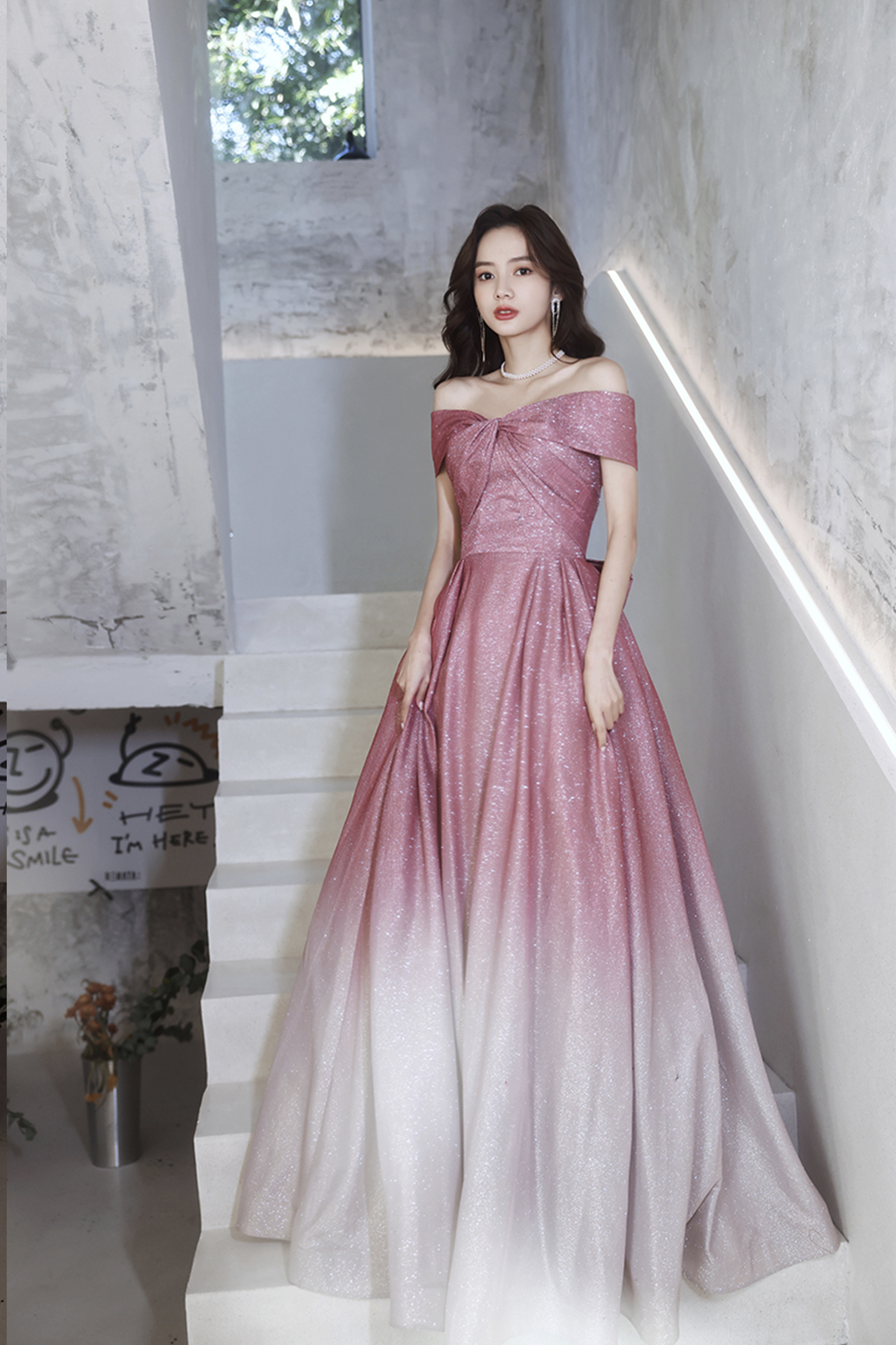 korean prom dress Pink Gradient Long A Line Prom Dress Pink Evening Dress on Luulla