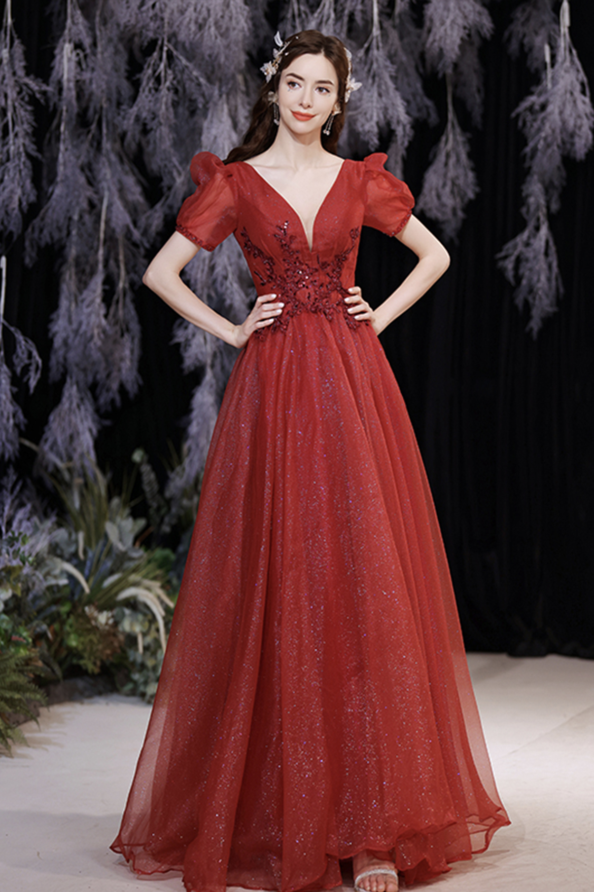 A-Line Long Sleeve V Neck Ruffle Floor-length Dress Red main image 1