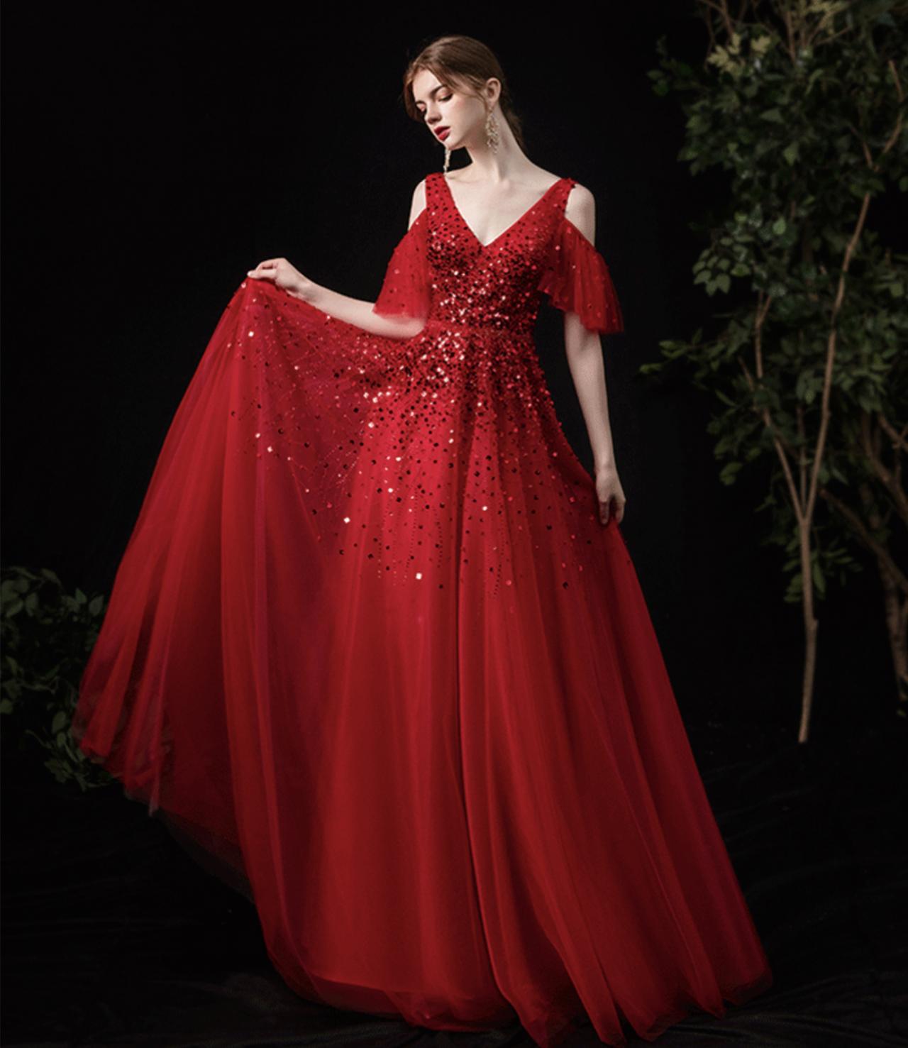 Red Tulle Sequins Long A Line Prom Dress Red Evening Dress