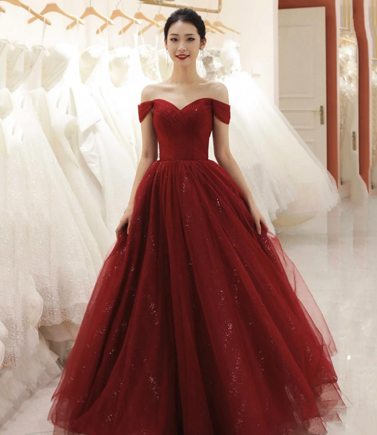Burgundy Tulle Long A Line Prom Dress Evening Dress
