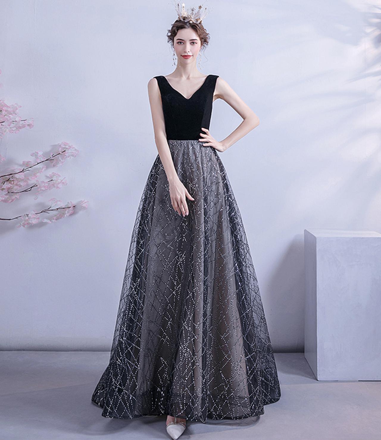 Black Tulle Sequins Long A Line Prom Dress Evening Dress