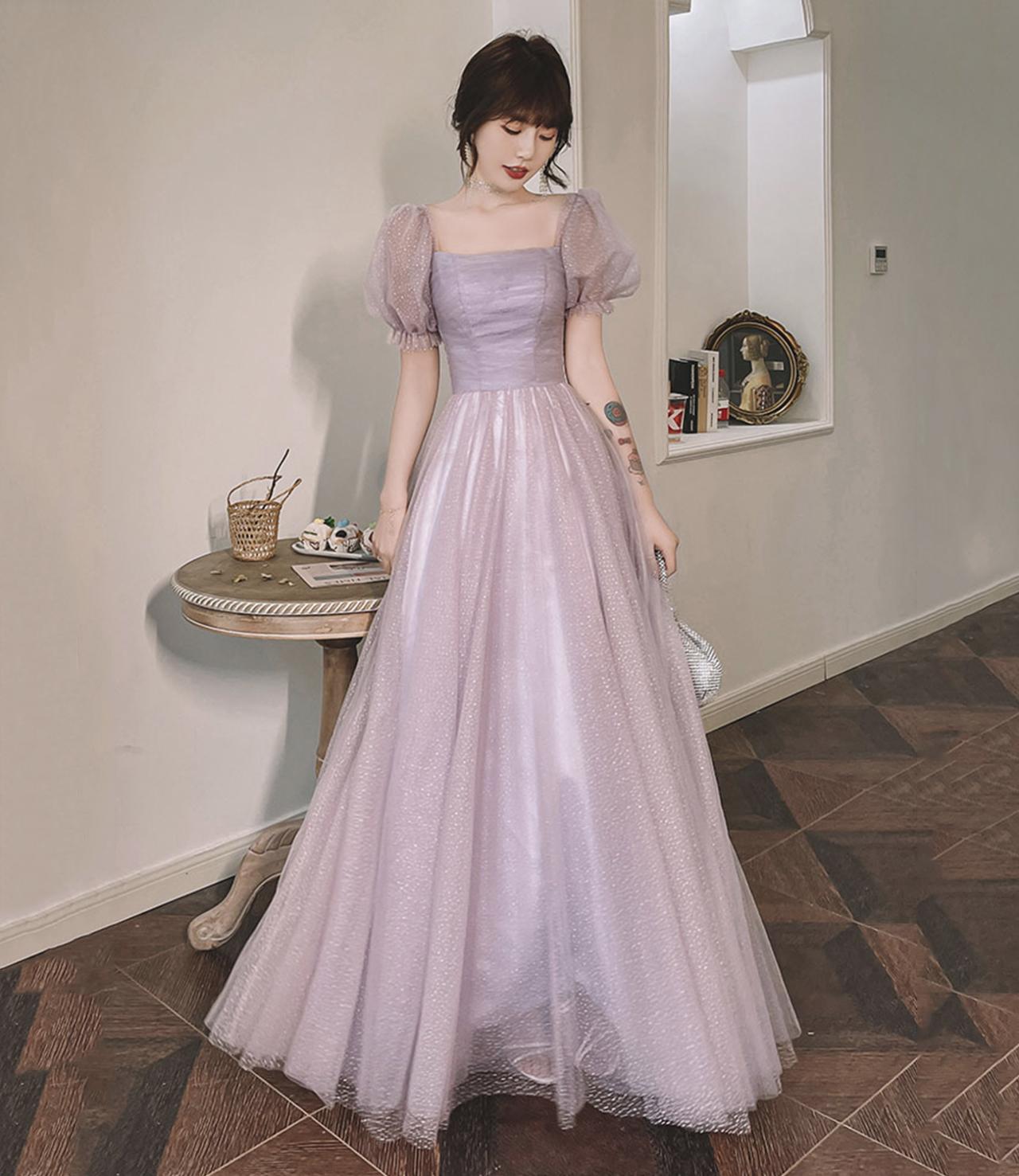 strapless open back dress Purple tulle long prom dress, purple A line evening dress – toptby