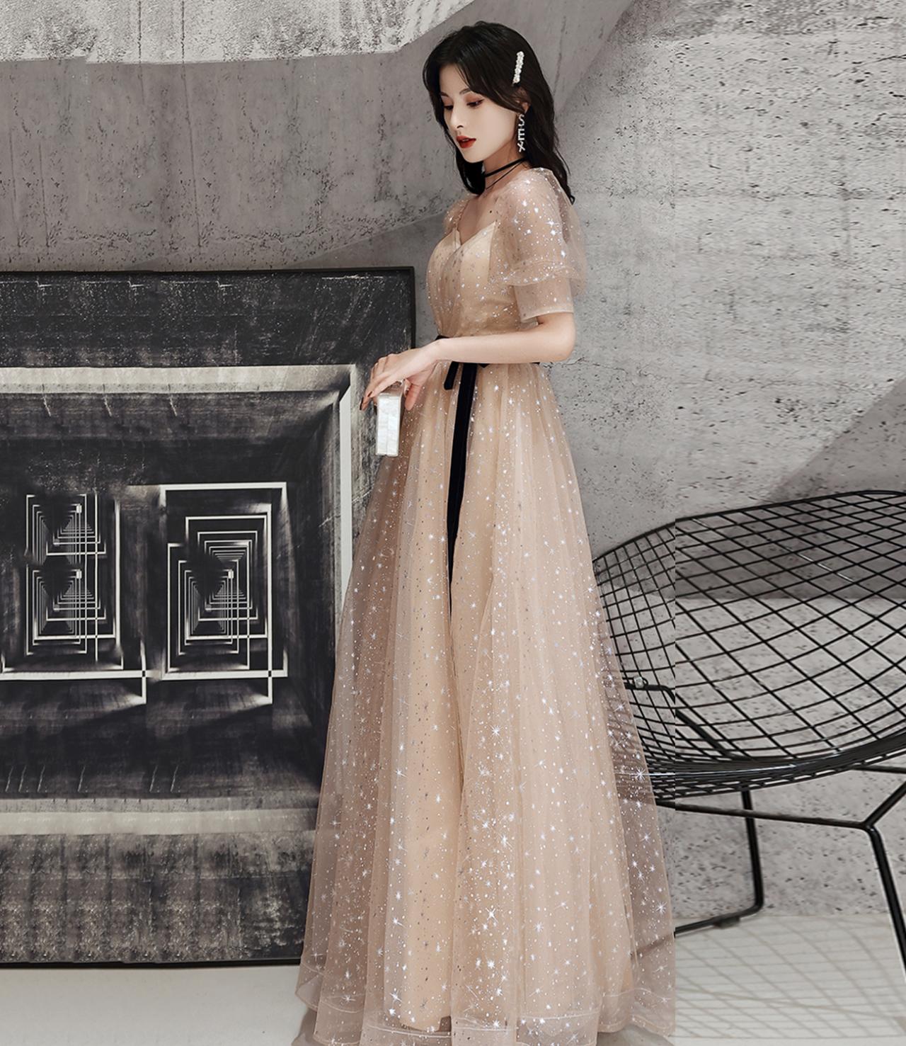 Long A-line Tulle Backless Champangne Evening Dresses