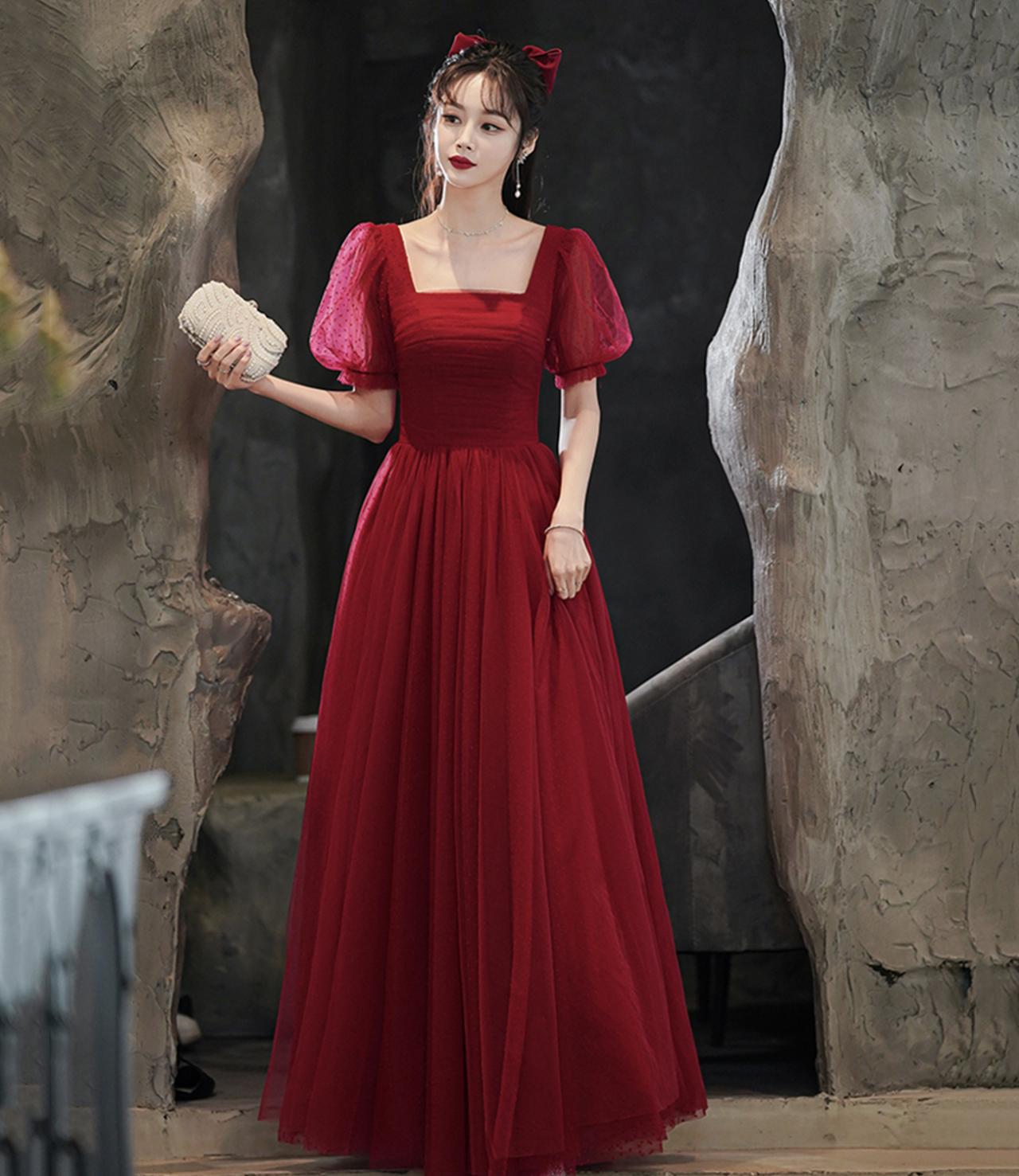 burgundy tulle dress with sleeves High Neck Burgundy Tulle Evening Gown with Tiered Skirt – loveangeldress main image 1
