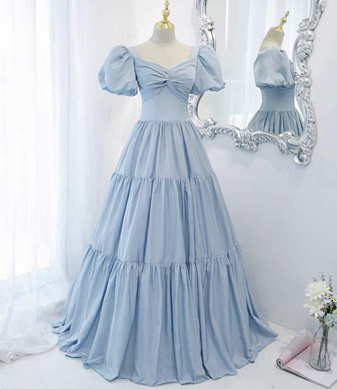 Blue Satin Long A Line Prom Dress Blue Evening Dress