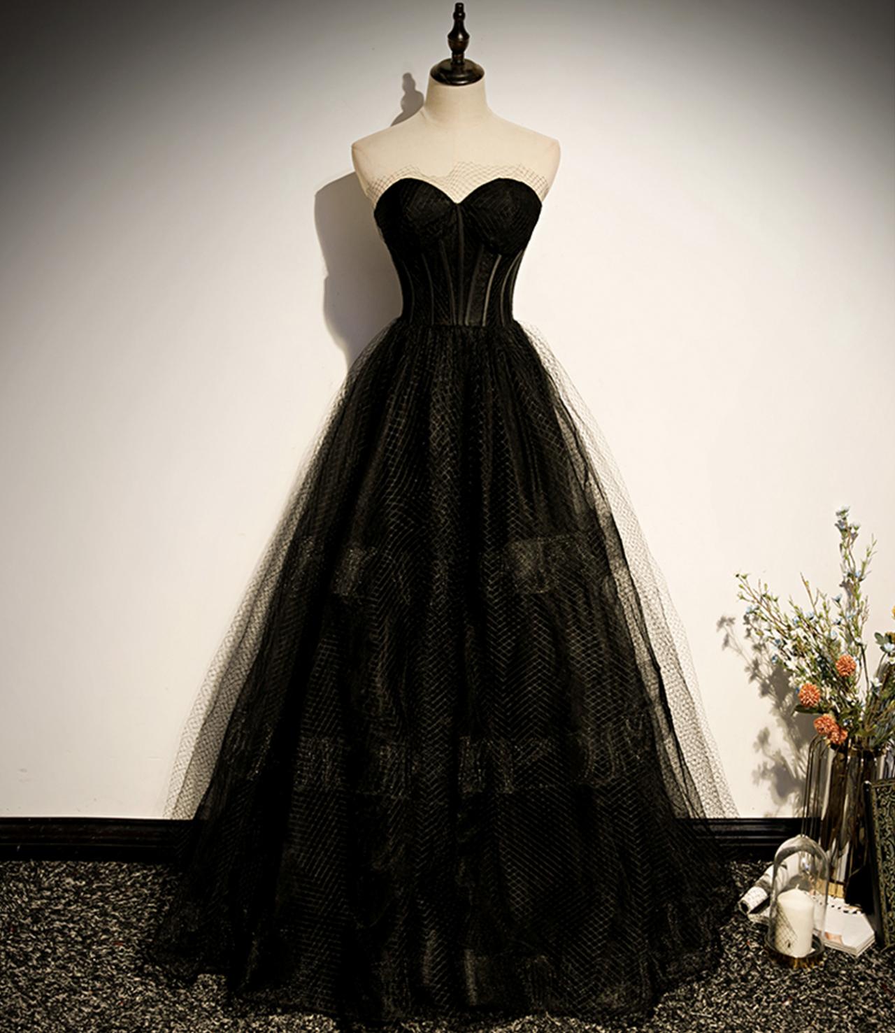 Black Tulle Long A Line Prom Dress Black Evening Dress
