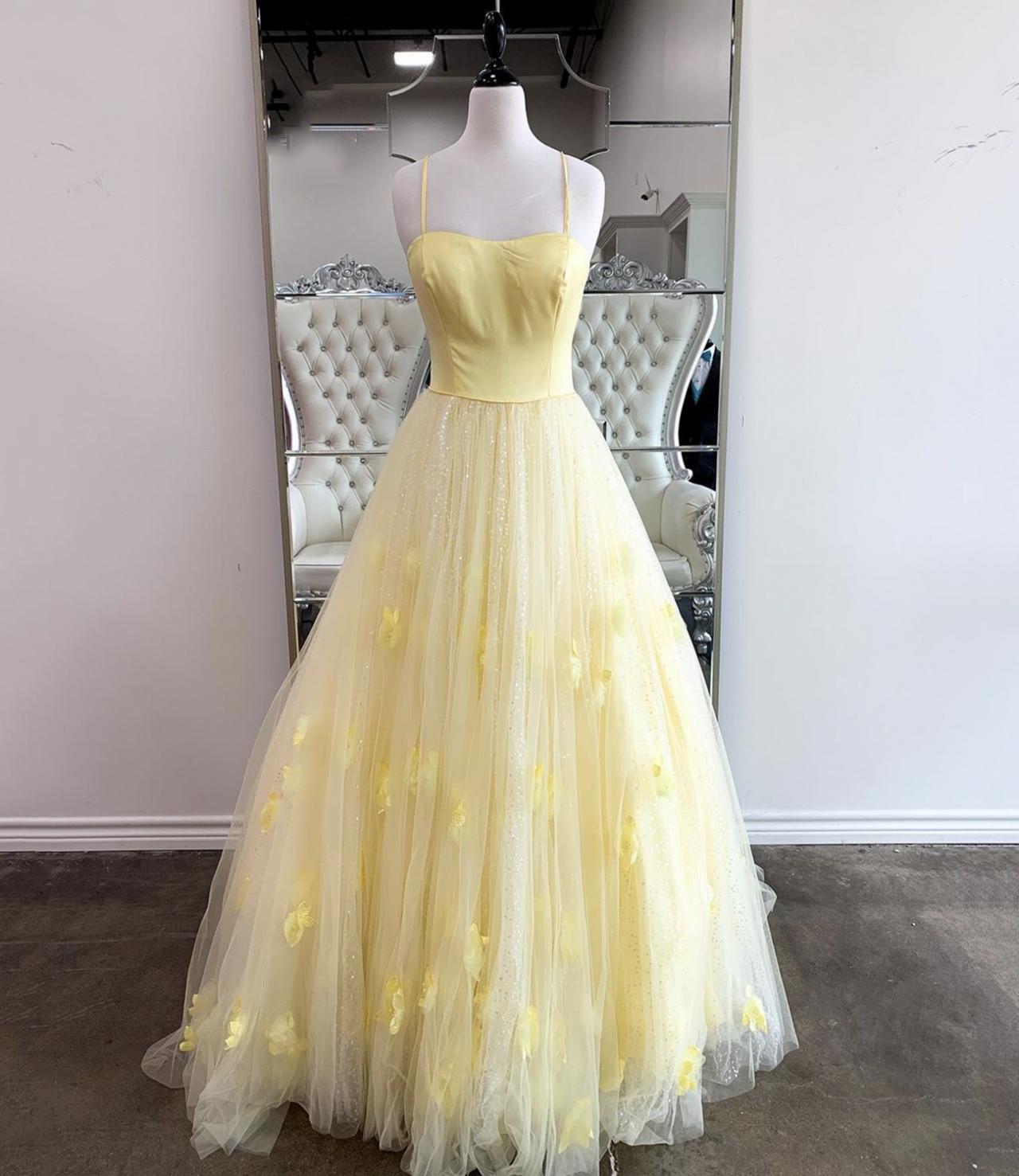 Yellow Tulle Long A Line Prom Dress Yellow Evening Dress