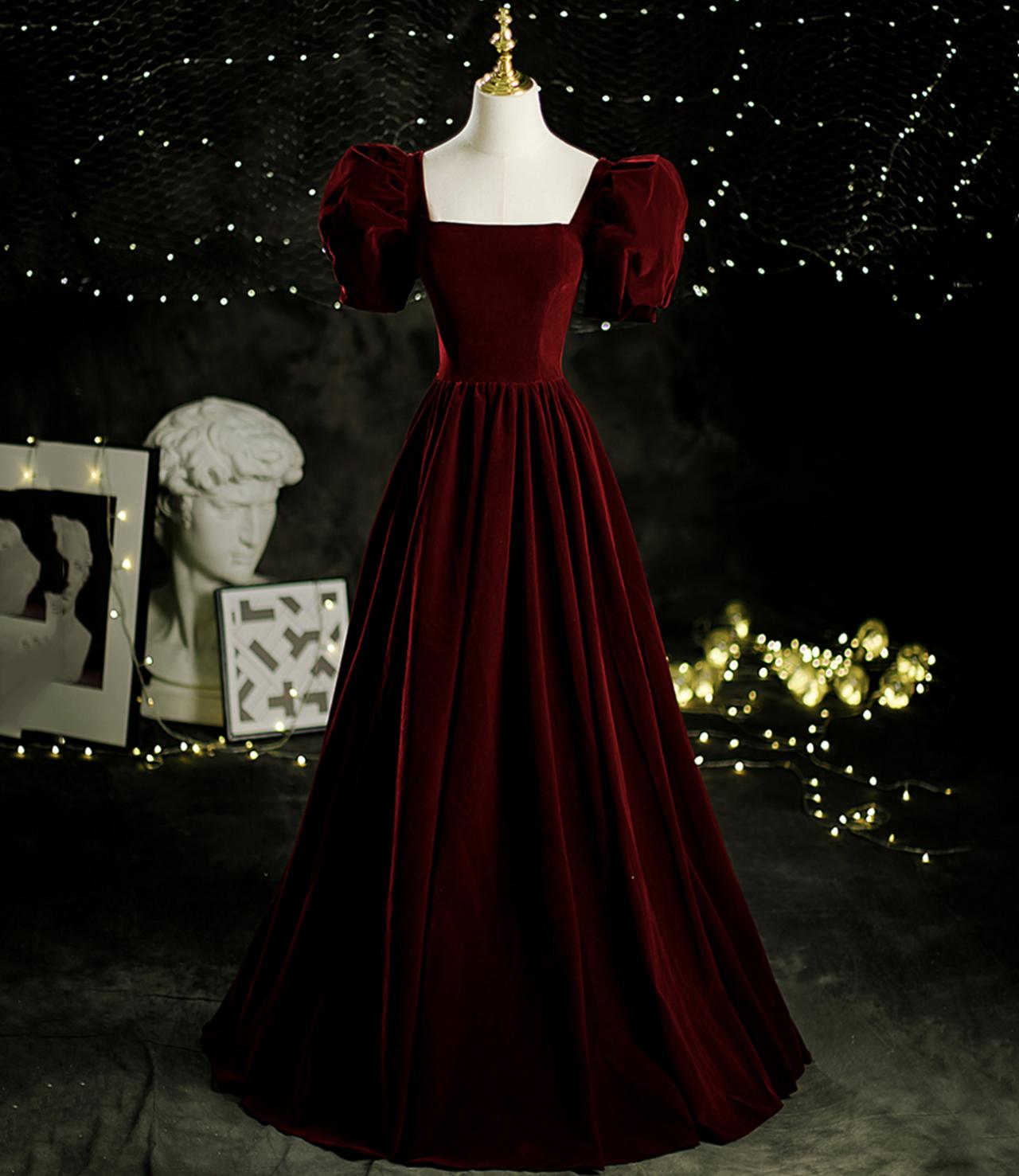 Burgundy Velvet Long A Line Prom Dress Evening Dress