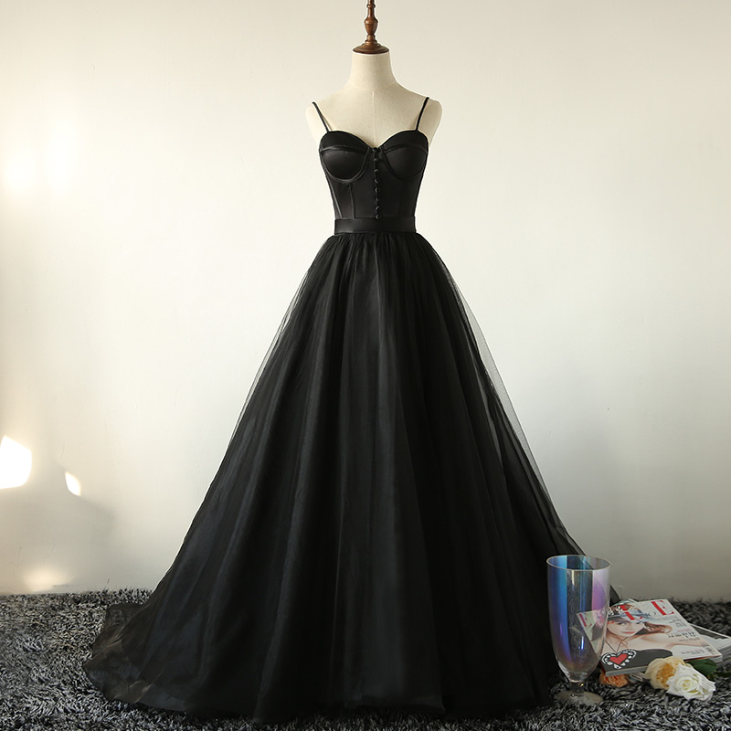 Blue Tulle Long A Line Prom Dress Black Evening Dress