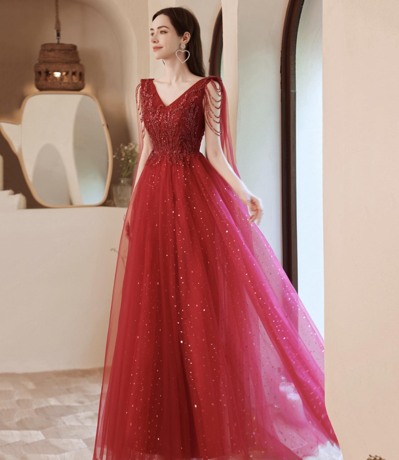 Red Tulle Beads Long A Line Prom Dress Evening Dress