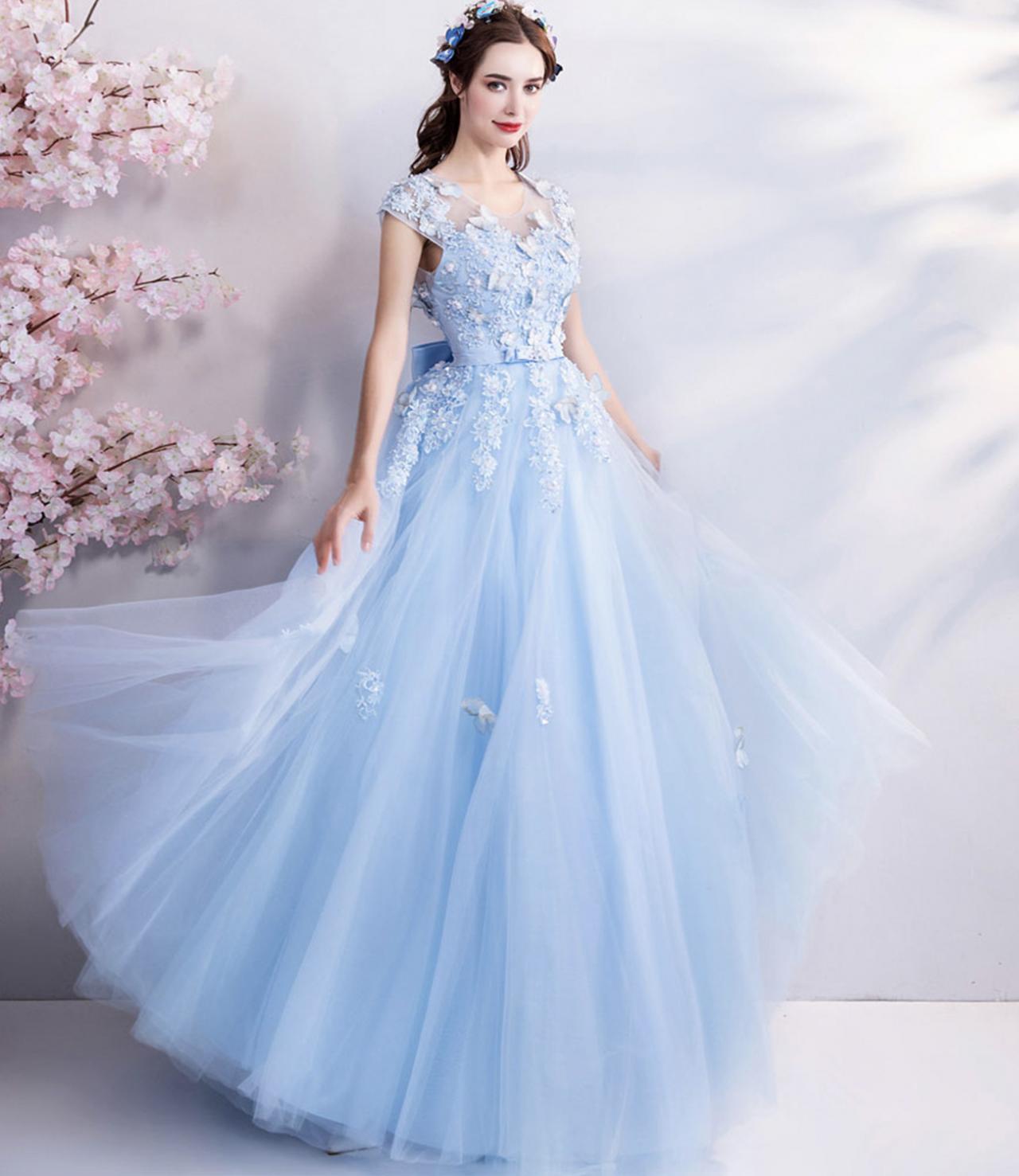Blue Tulle Lace Long A Line Prom Dress Evening Dress