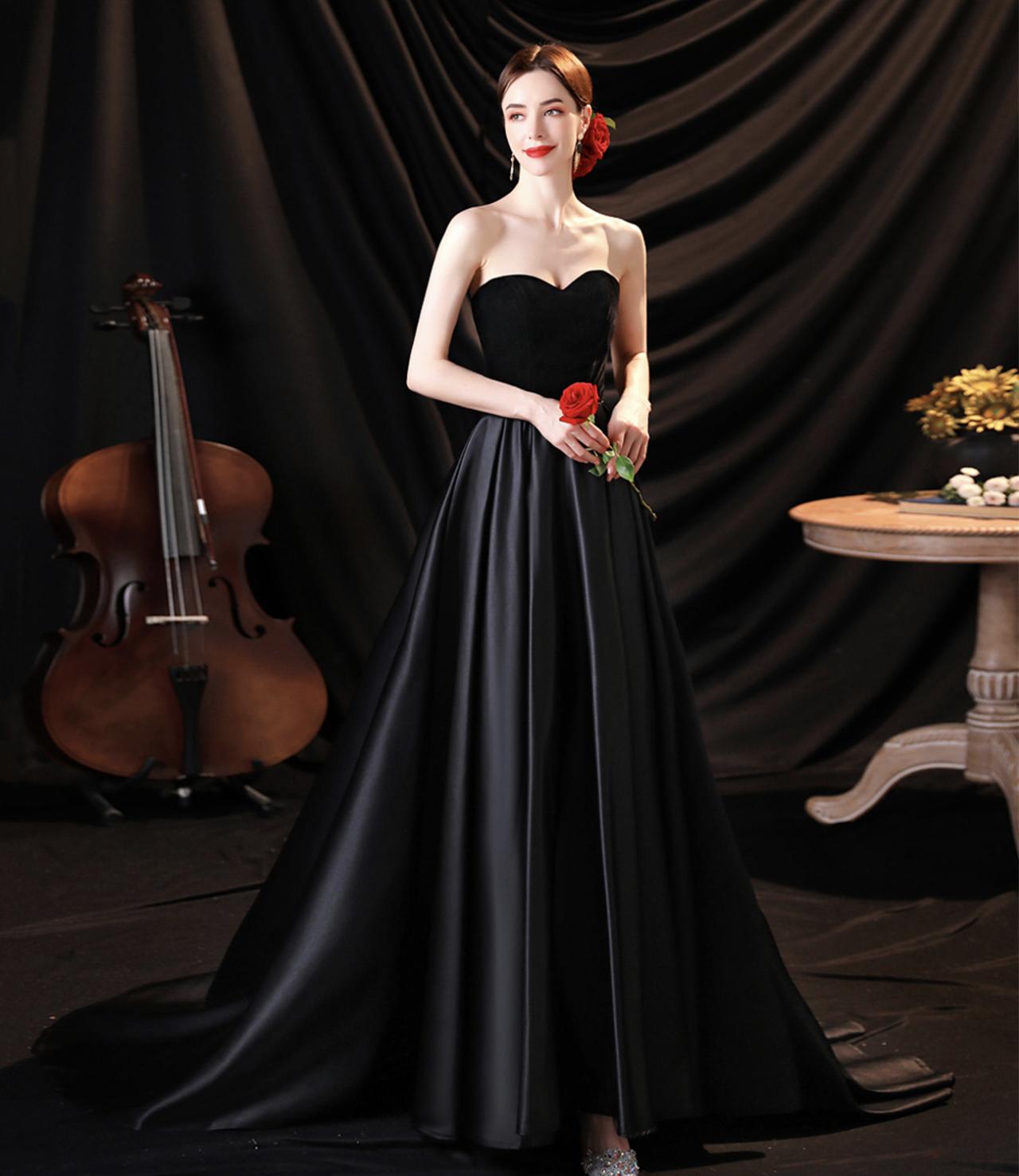 Black Satin Long A Line Prom Dress Black Evening Dress