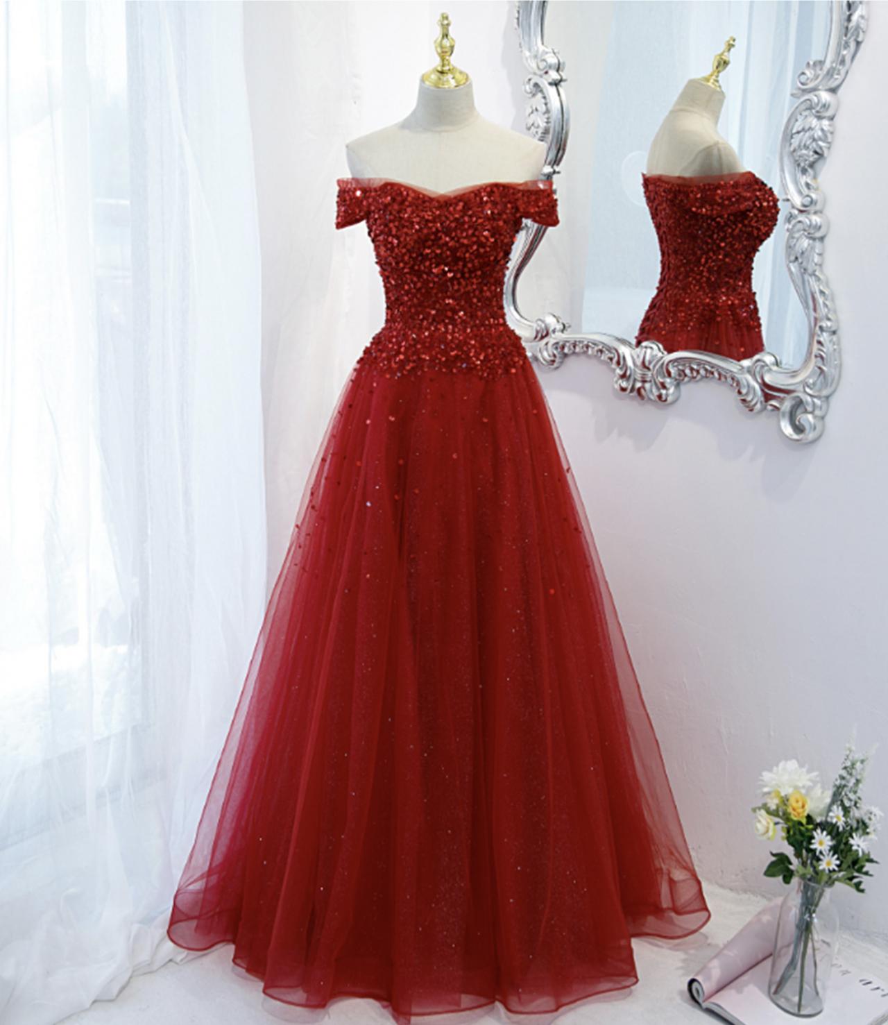 Red Tulle Sequins Long A Line Prom Dress Evening Dress