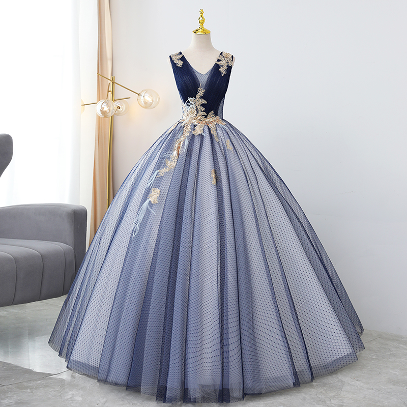 Blue V Neck Sequins Long Ball Gown Dress Formal Dress