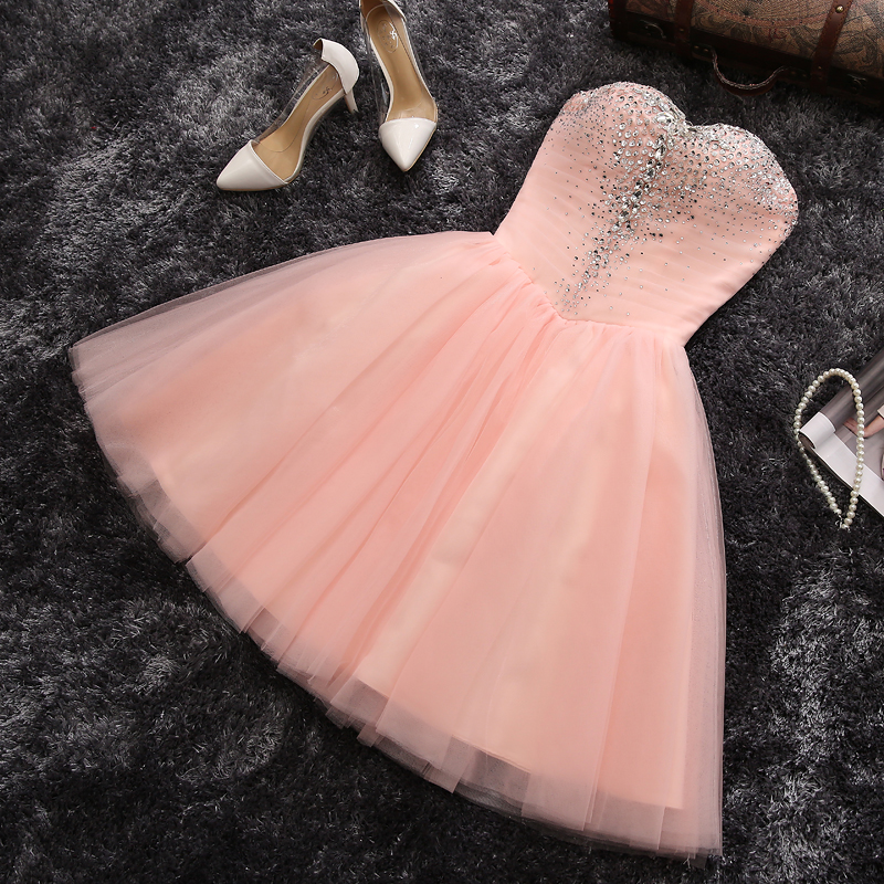 Pink Tulle Beads Short Prom Dress Homecoming Dress