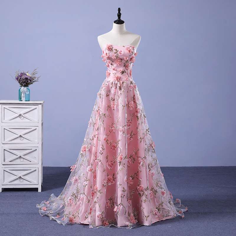 Pink Tulle Applique Long Prom Dress Evening Dress