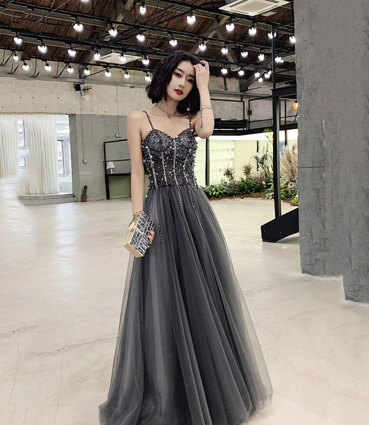 Gray Tulle Beads Long Prom Dress A Line Evening Dress