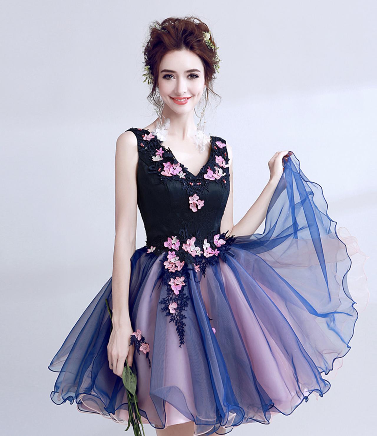 Blue V Neck Lace Short Prom Dress Homecoming Dress