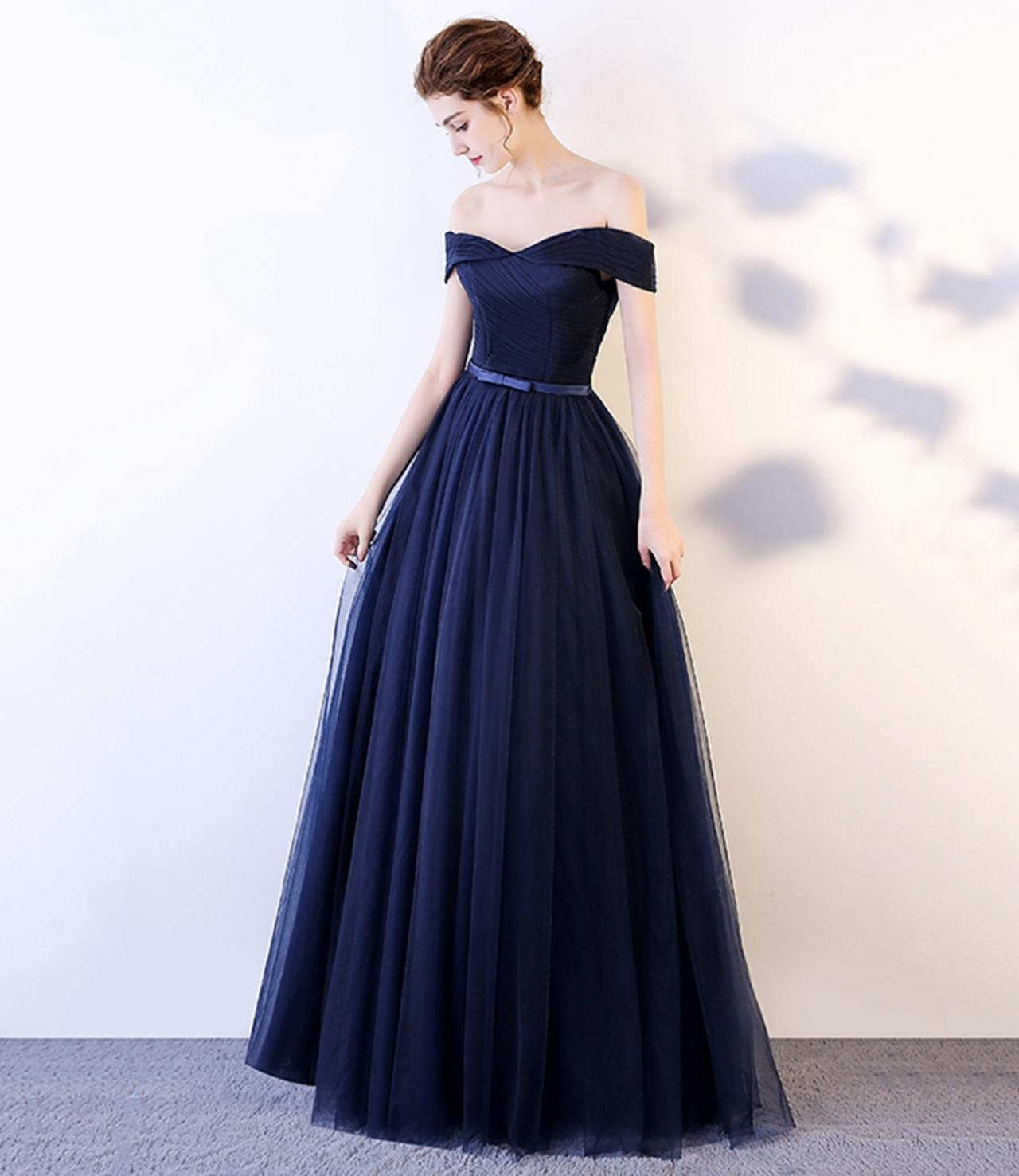 Blue Tulle Long A Line Prom Dress Simple Evening Dress