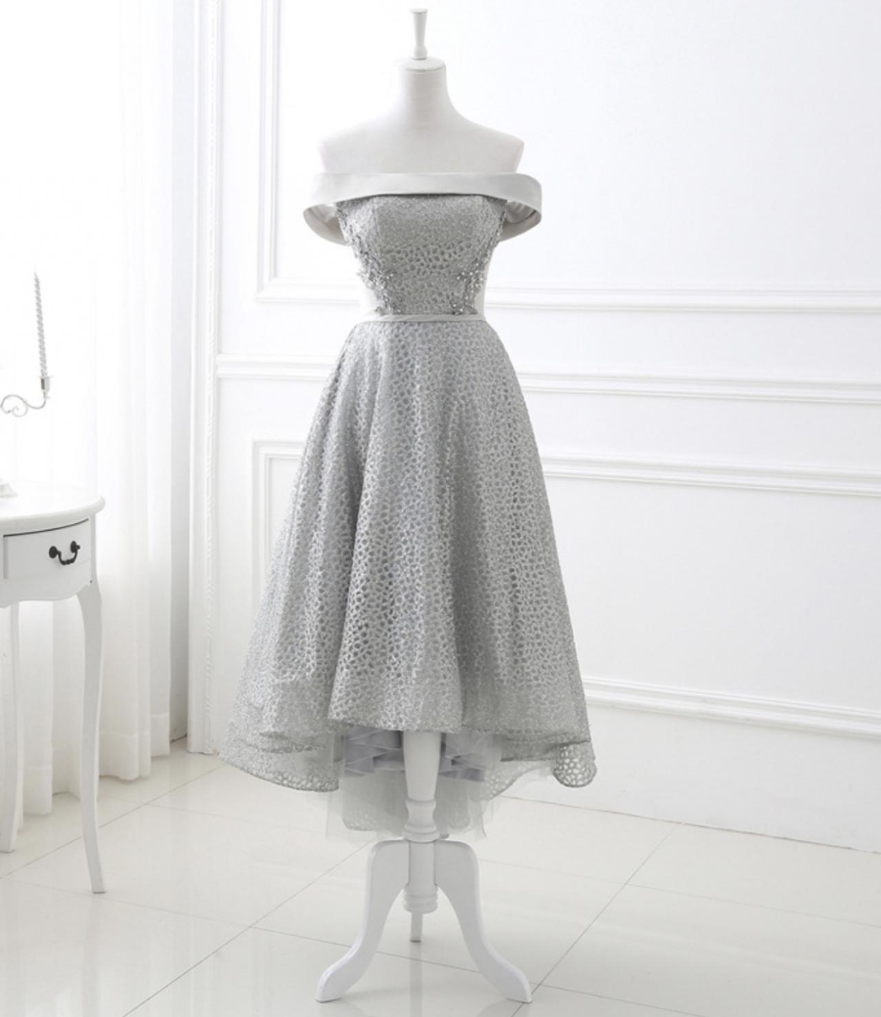 Gray Tulle Sequins High Low Prom Dress Homecoming Dress