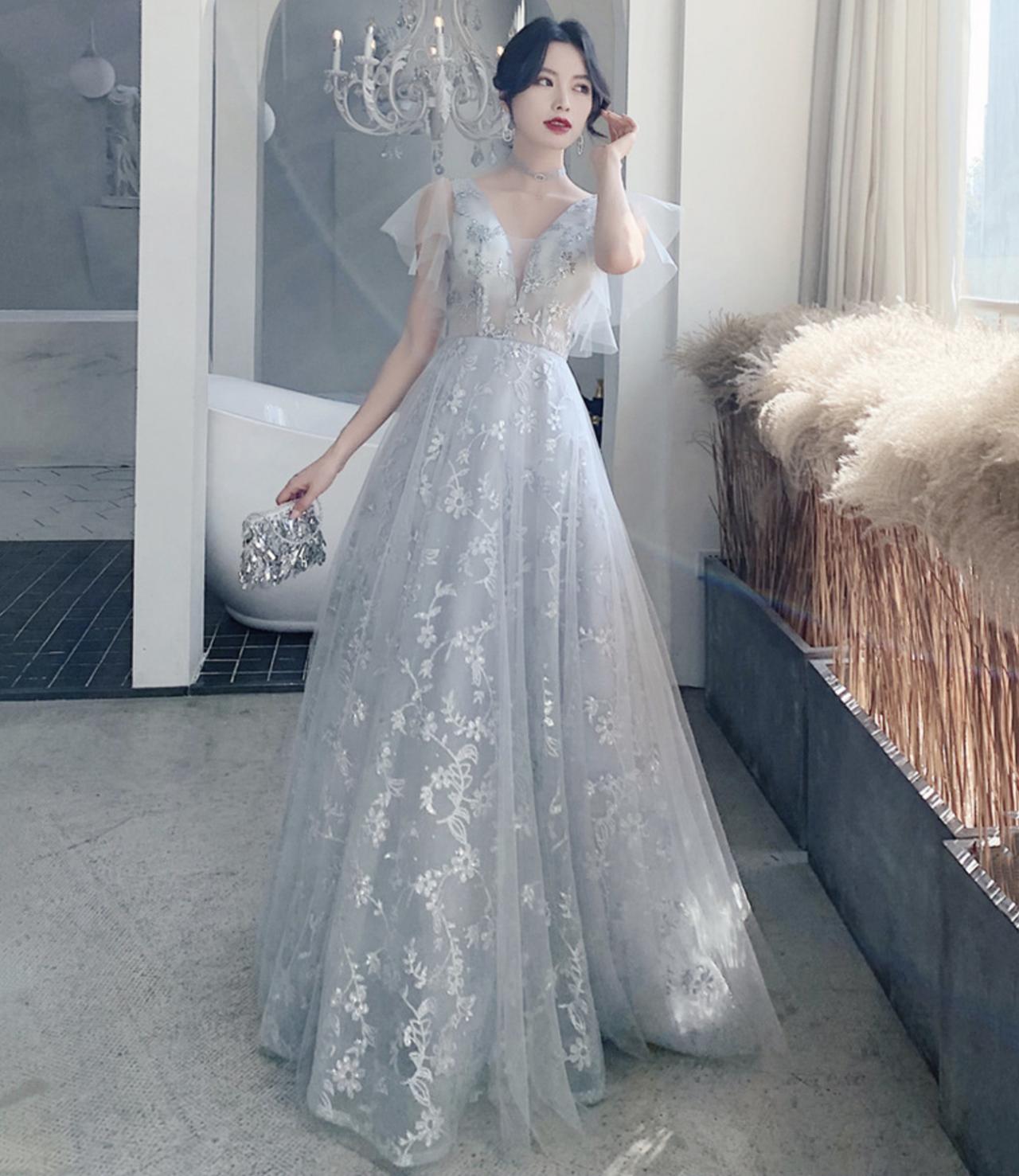 Gray Lace Sequins Long A Line Prom Dress Bridesmaid Dress