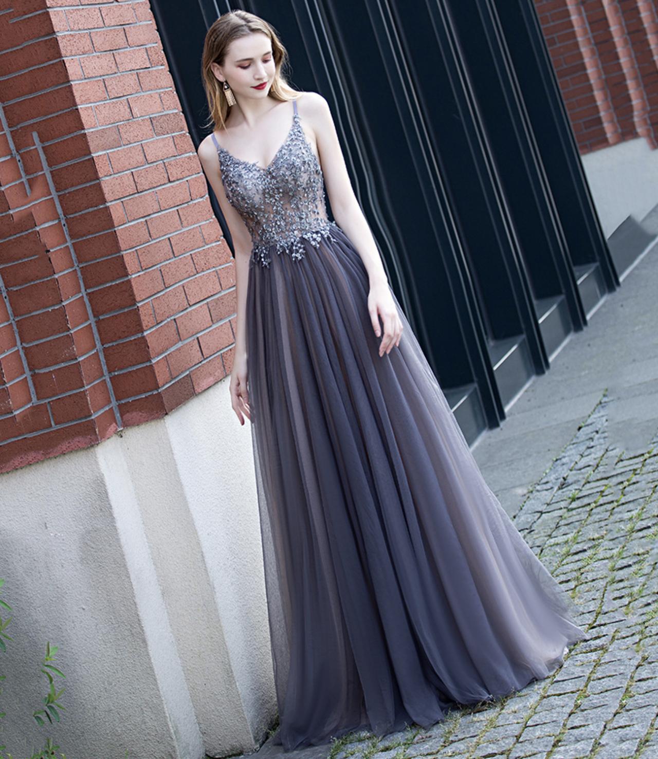 Cute V Neck Tulle Long A Line Prom Dress Evening Dress