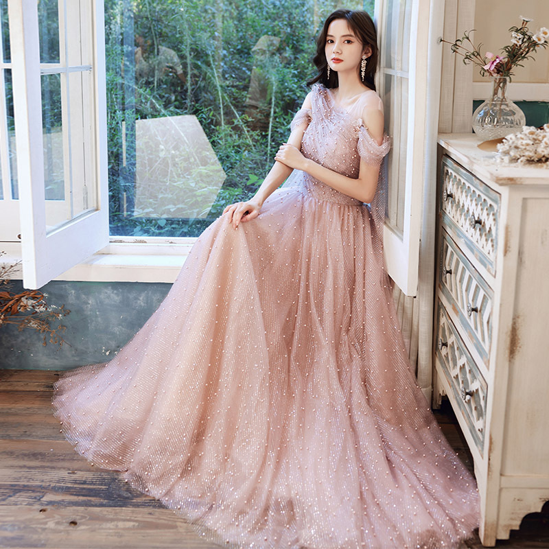 Pink Tulle Pearls Long A Line Prom Dress Evening Dress