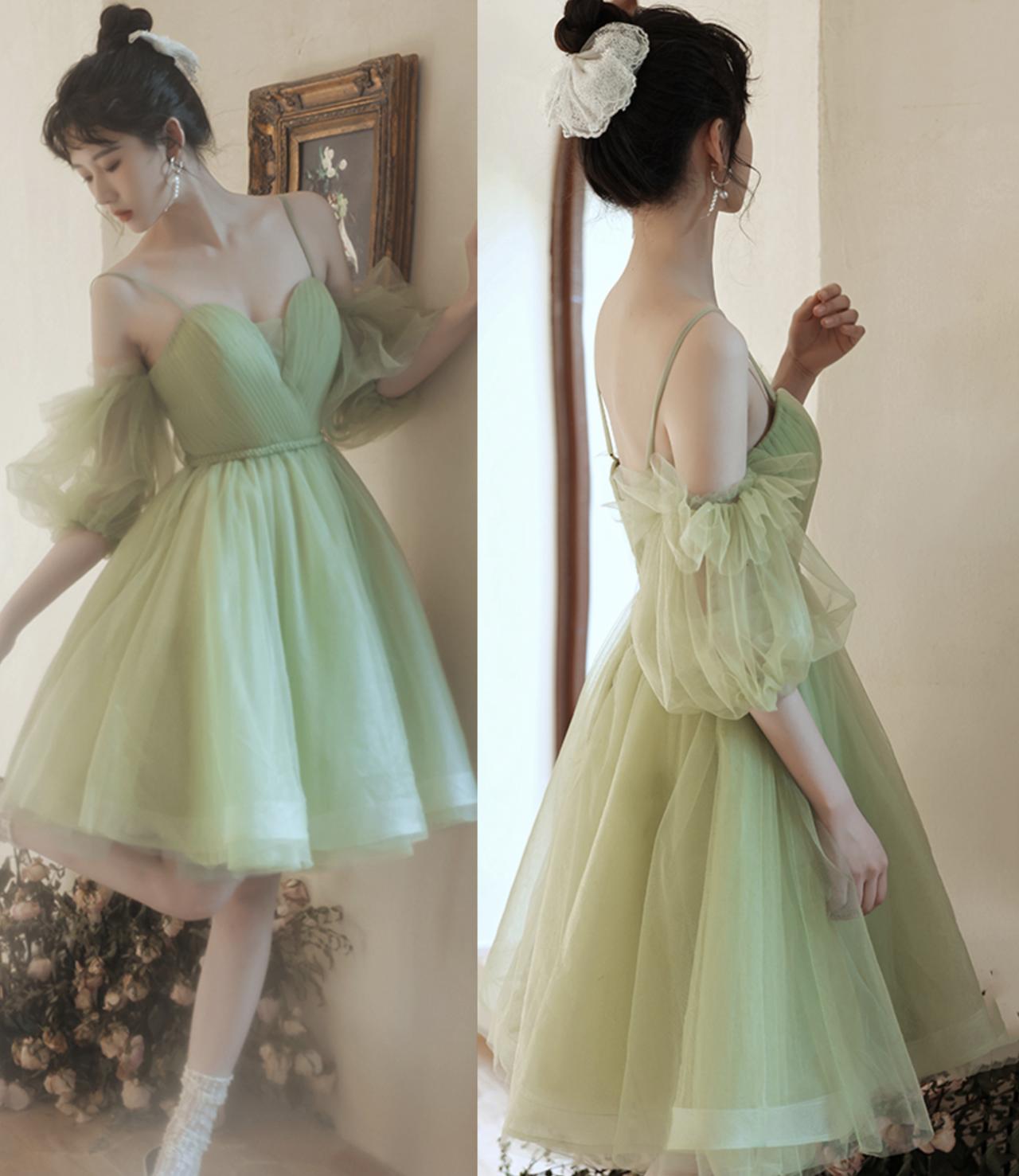 Green tulle short prom dress, green square neck homecoming dress