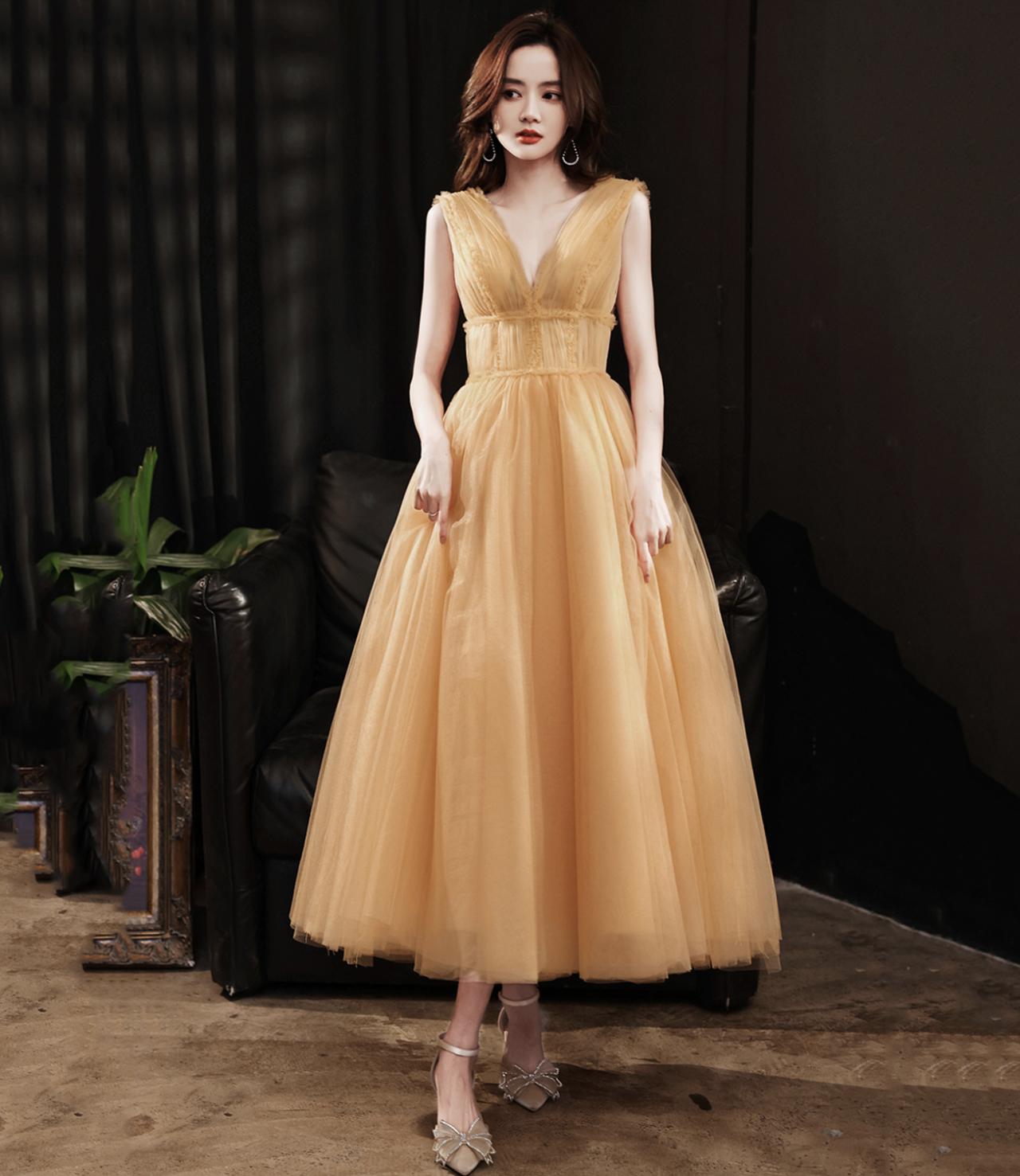 Yellow V Neck Tulle Short Prom Dress Homecoming Dress