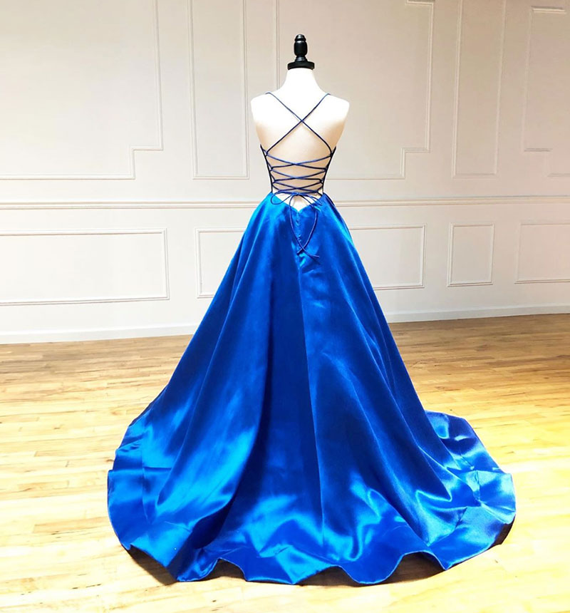 Blue Pretty A Line Halter Satin Long Prom Dress, Evening Dress