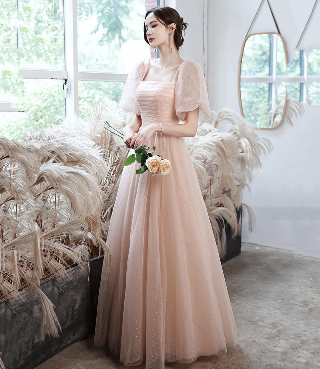 Pink Tulle Long A Line Prom Dress Pink Evening Gown