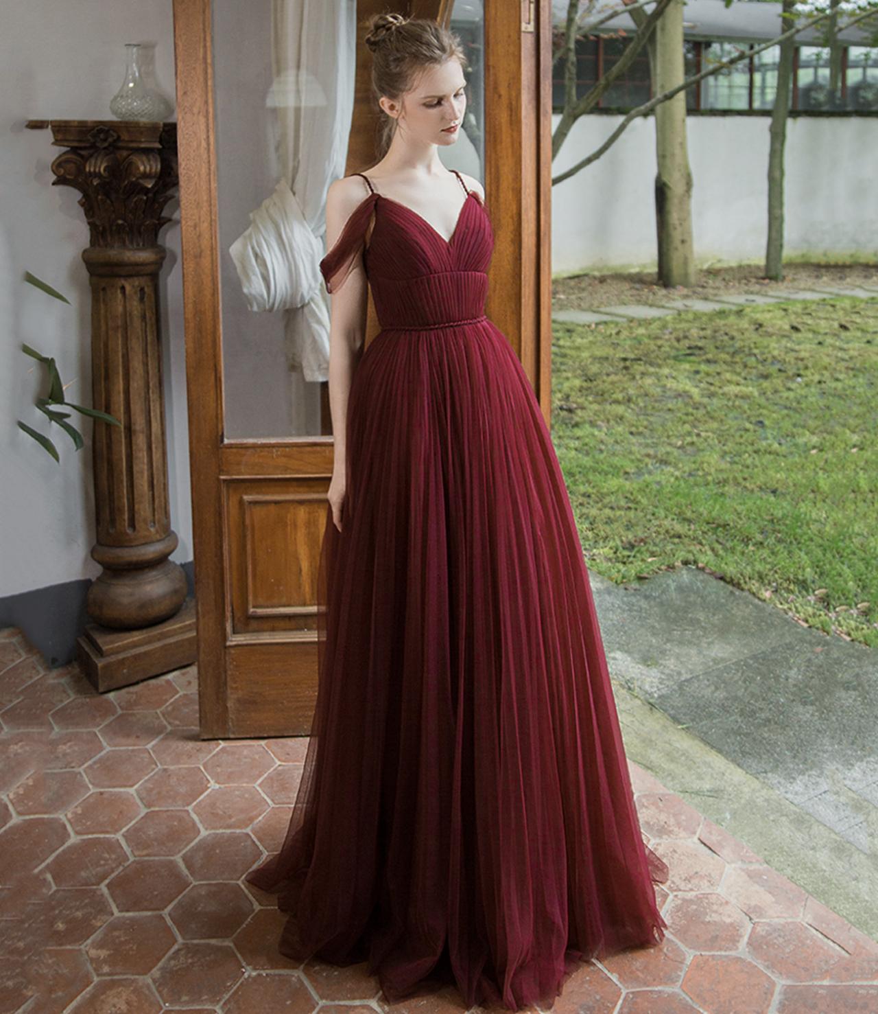 Burgundy Tulle Long A Line Prom Dress Evenin Gdress