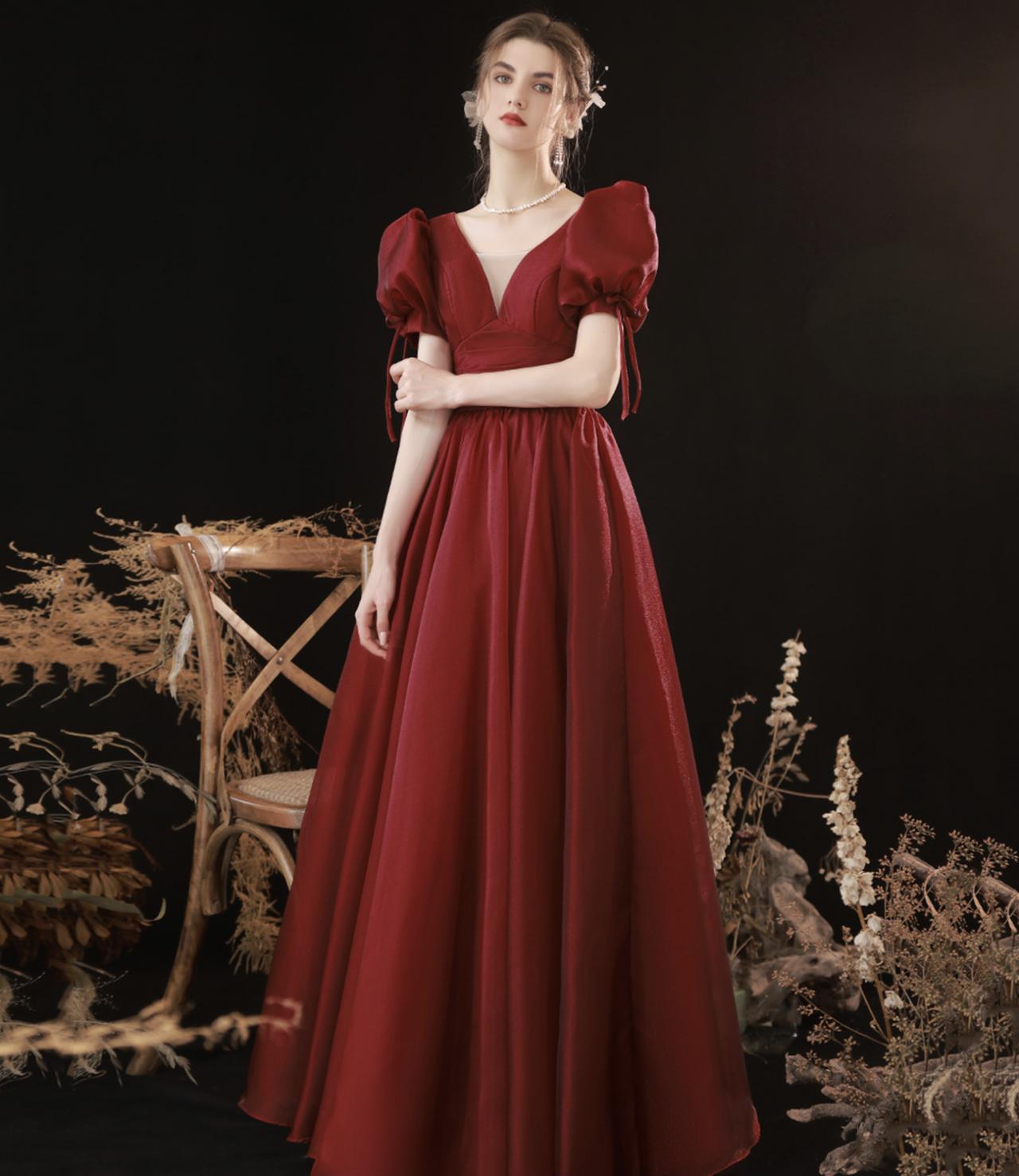 Burgundy V Neck Long Prom Dress Evening Gown