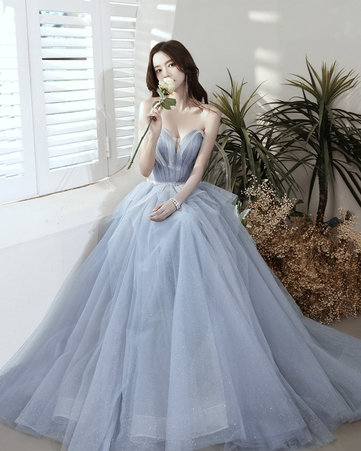 Blue Tulle Long A Line Prom Dress Blue Evening Gown