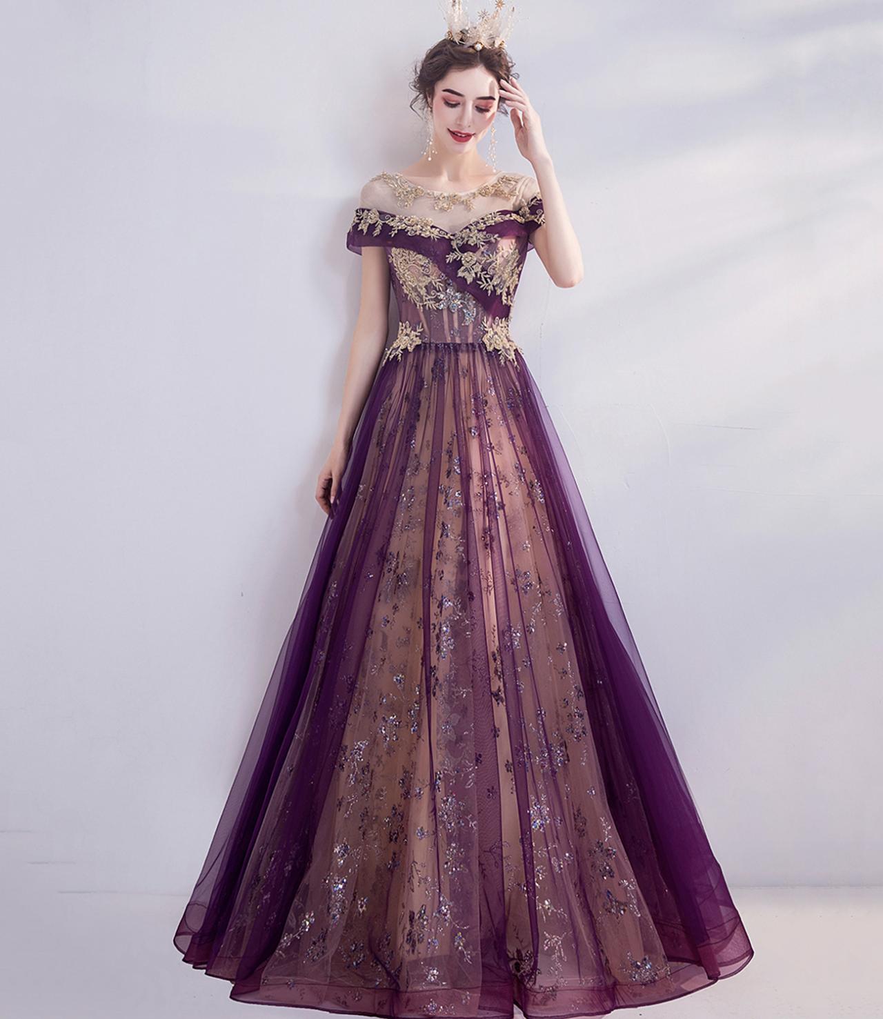 Purple Tulle Sequins Long Prom Dress A Line Evening Gown